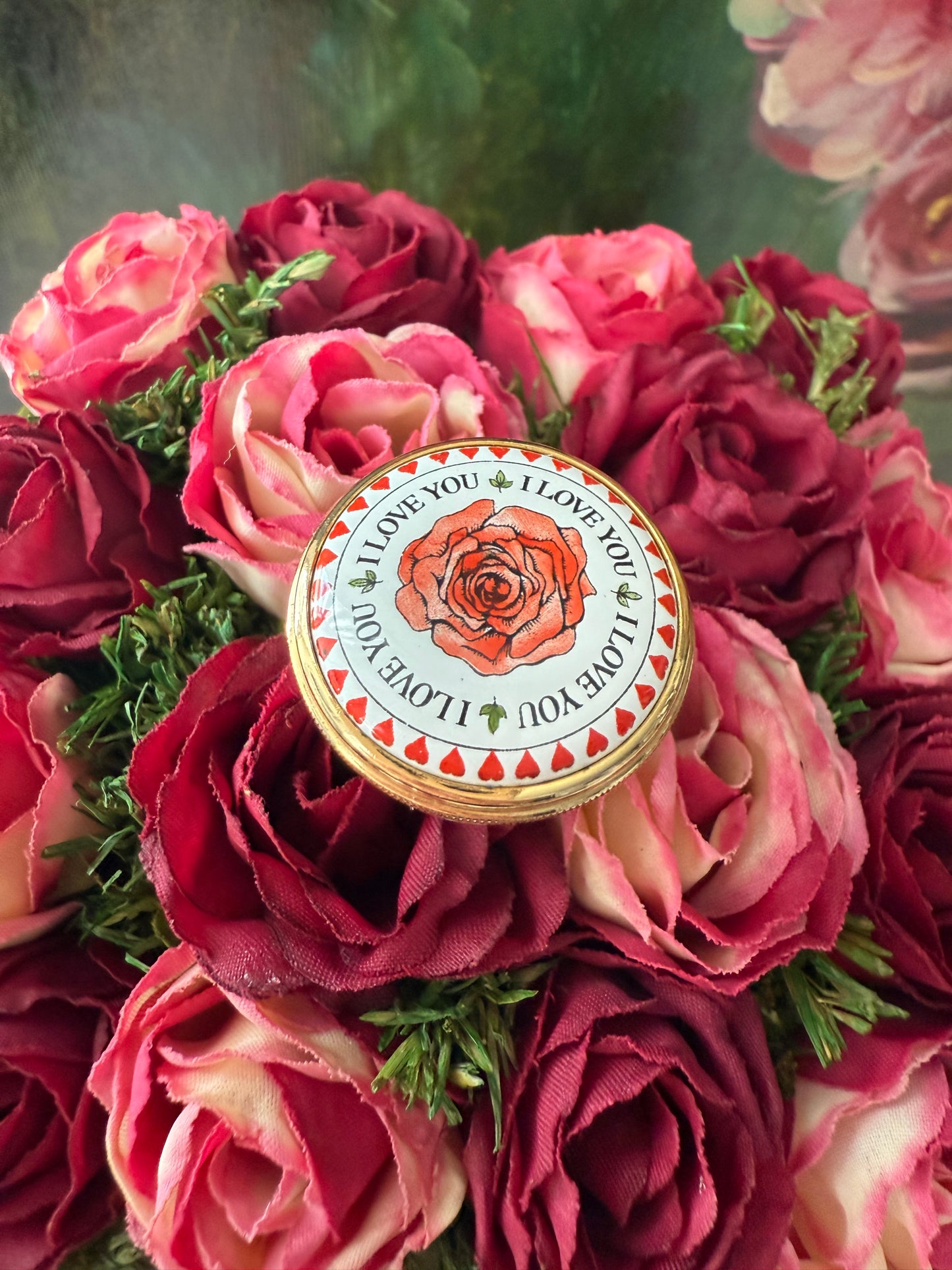 Halcyon Days Mini Enamels “I Love You” Rose Flower Hearts Leaves Trinket or Jewelry/ Pill box