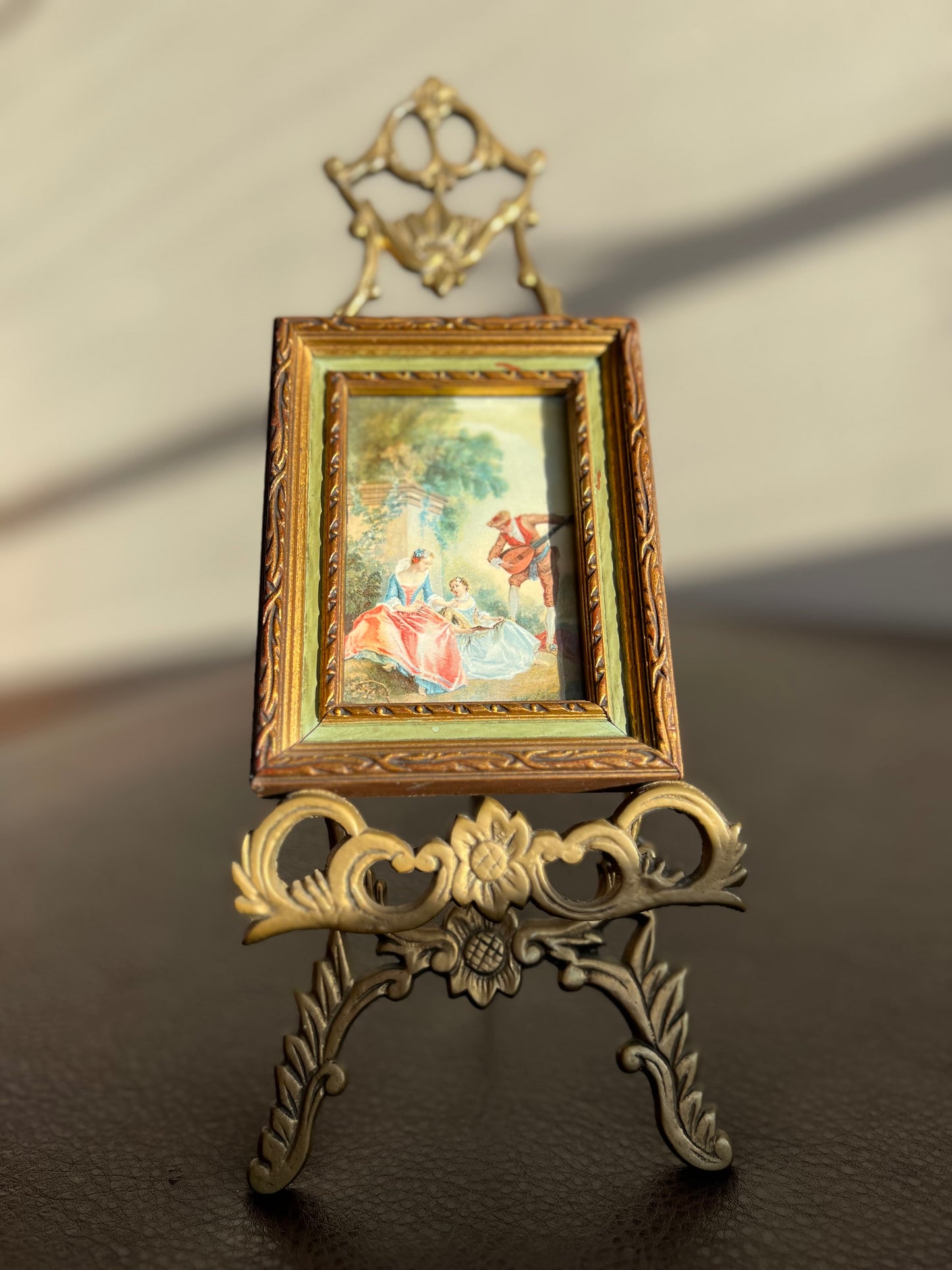 Italian Florentine Style Mini Vintage Print Picture with Gilded Wooden Square Frame