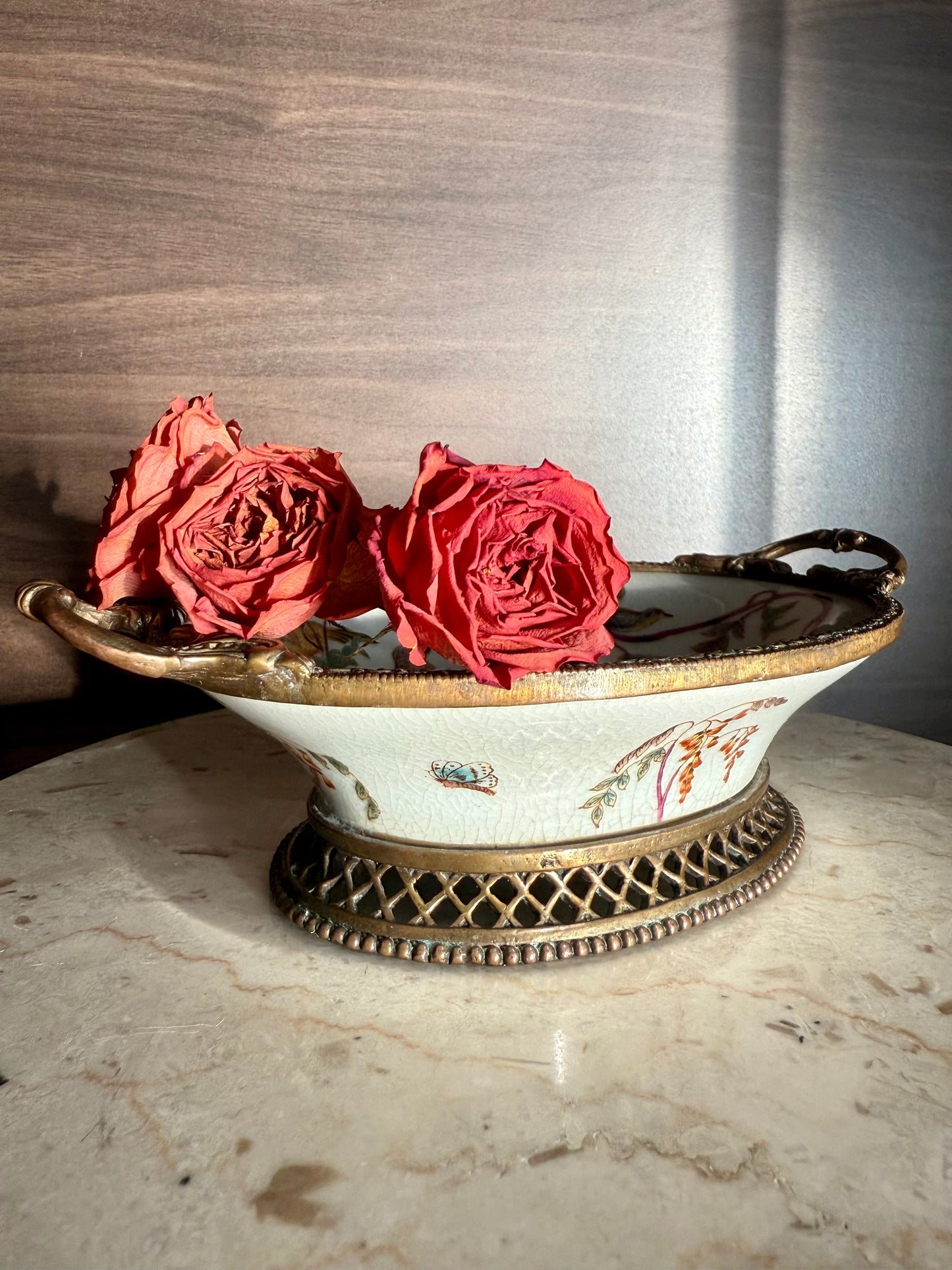 Beautiful Vintage Oval Soap Dish with Brass Feet and Handles with Floral and Bird Motif