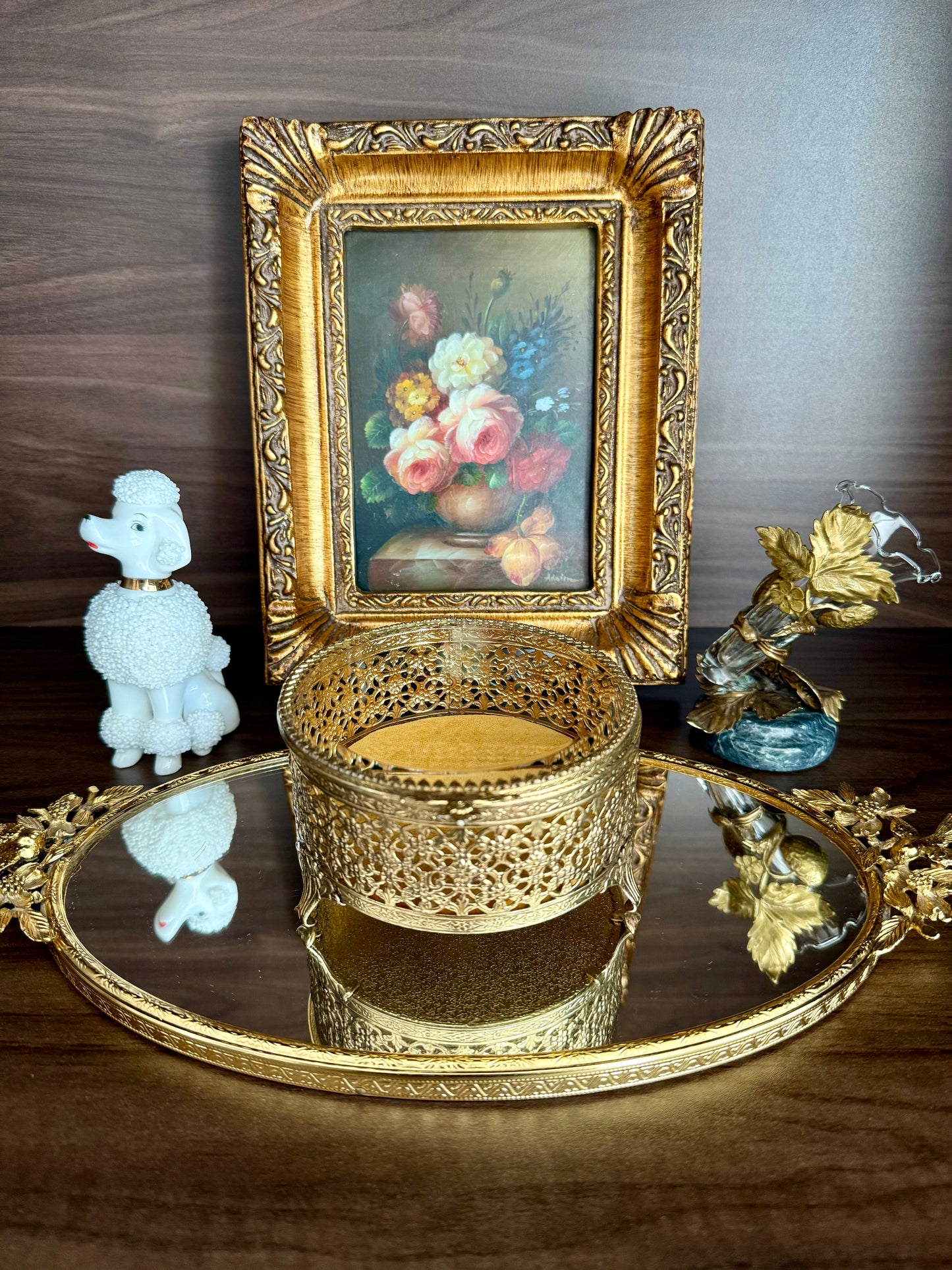 Hollywood Regency Style Vintage Round Gold Filigree Ormolu Glass Top Jewelry/ Trinket Box Footed