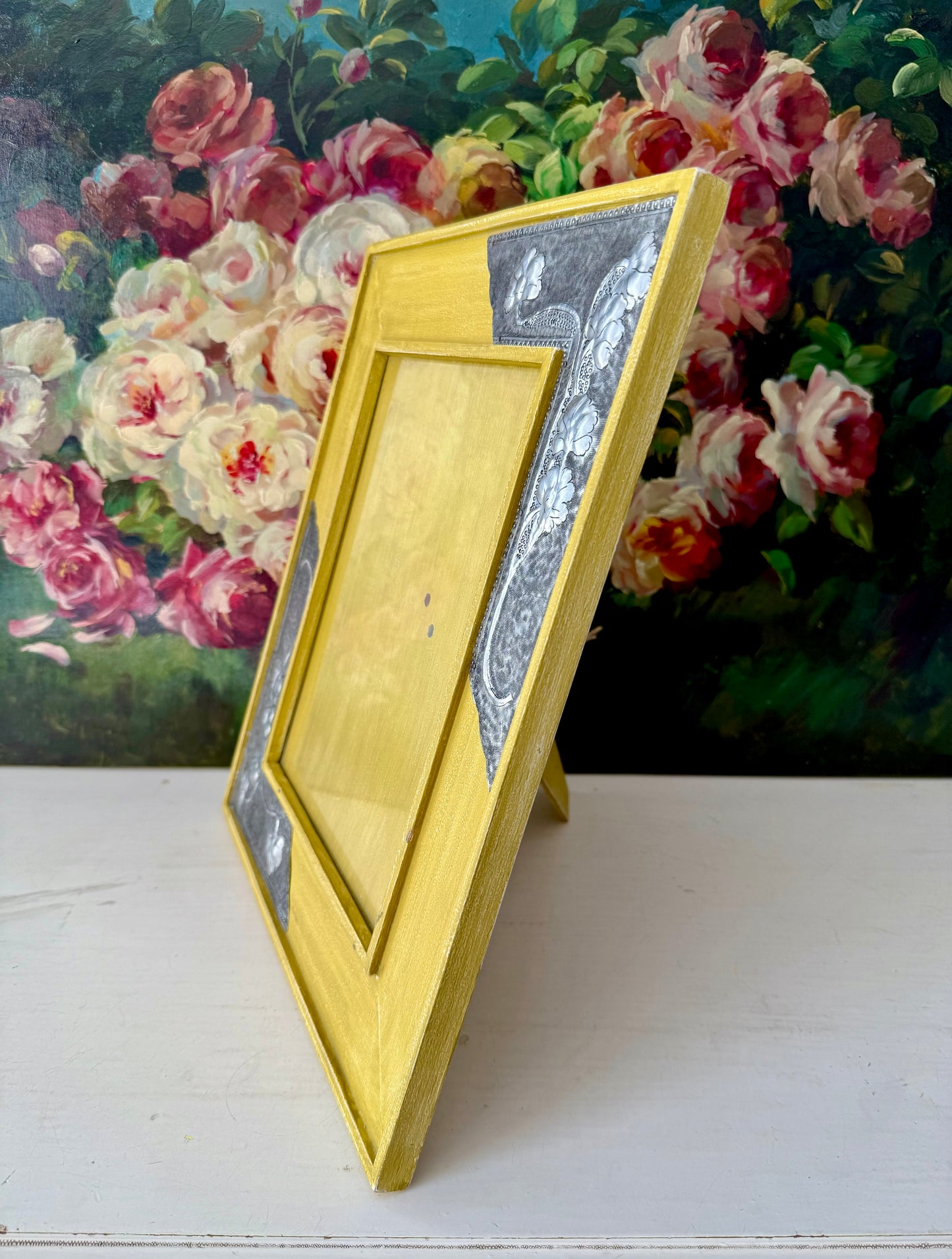 Vintage Mustard Yellow Wooden Picture/ Photo Frame with Metal Floral Decoration on the Corners