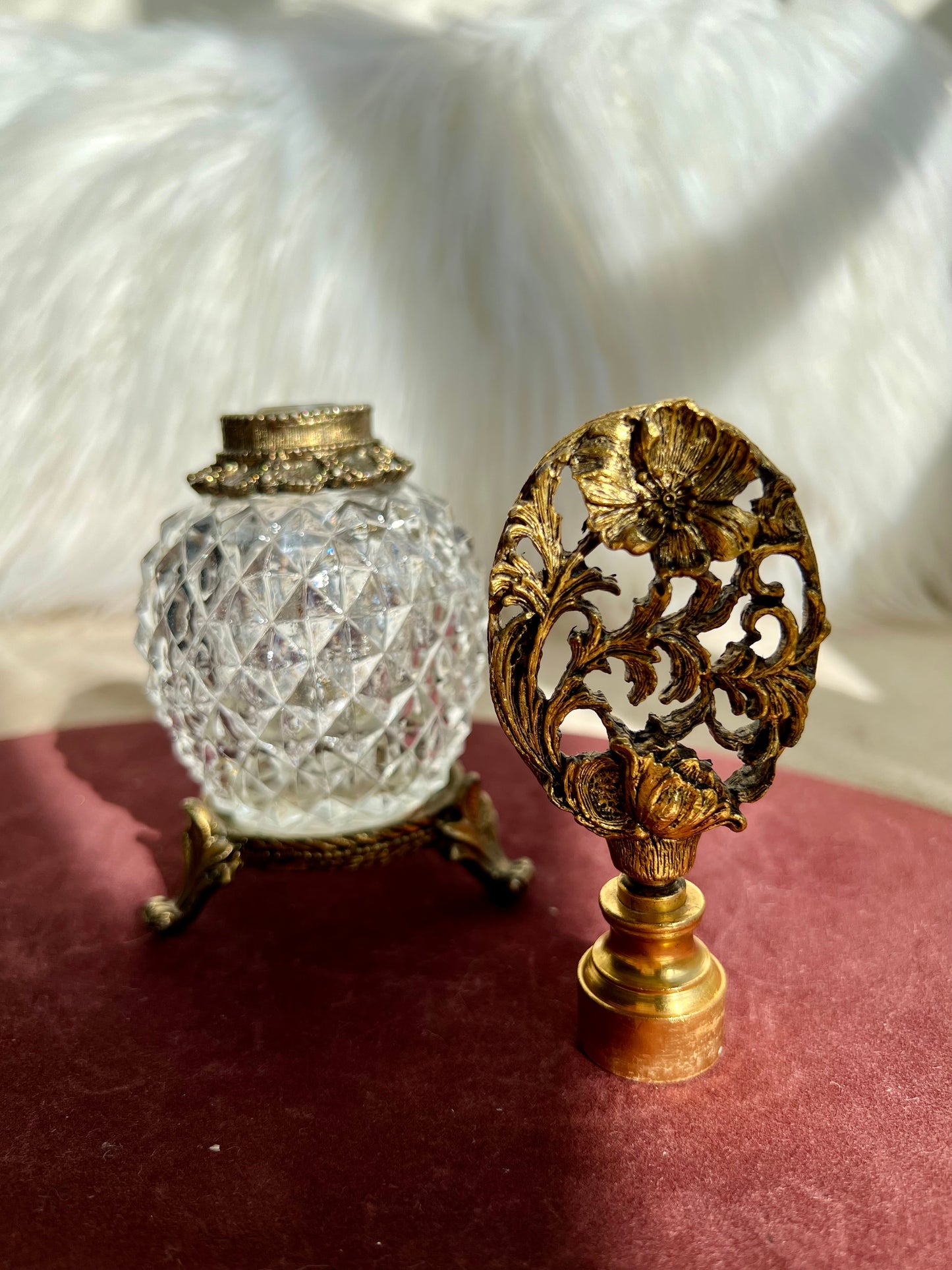 MATSON Style Ormolu Diamond Cut Glass Footed Perfume Bottle Gilt Brass With Dogwood Floral Stopper