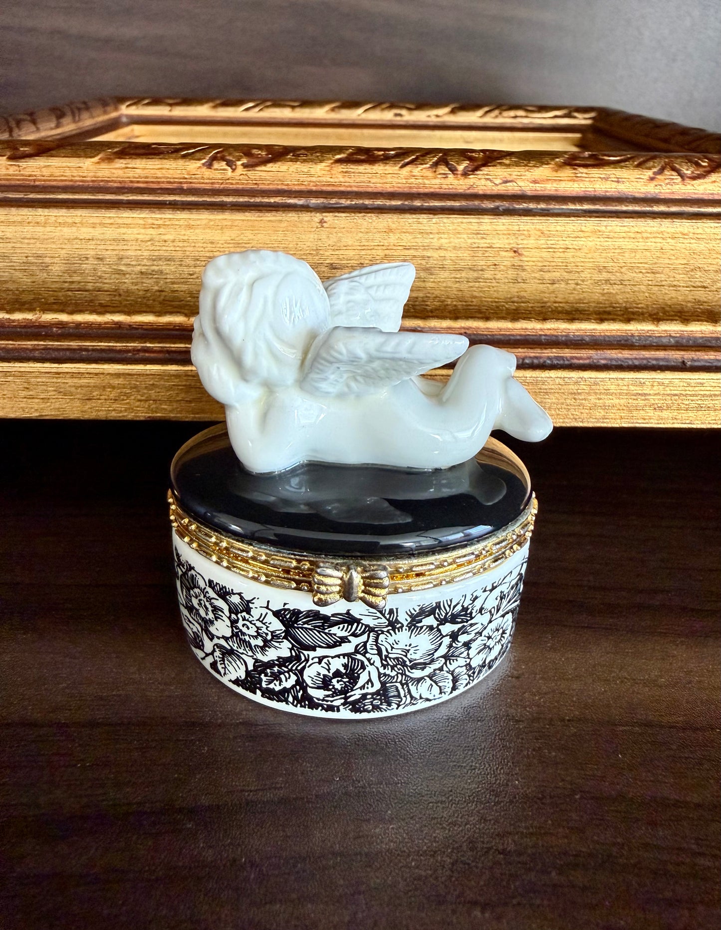 Angel Cherub Black and White Porcelain Vintage Mini Hinged Jewelry, Pill or Trinket Box