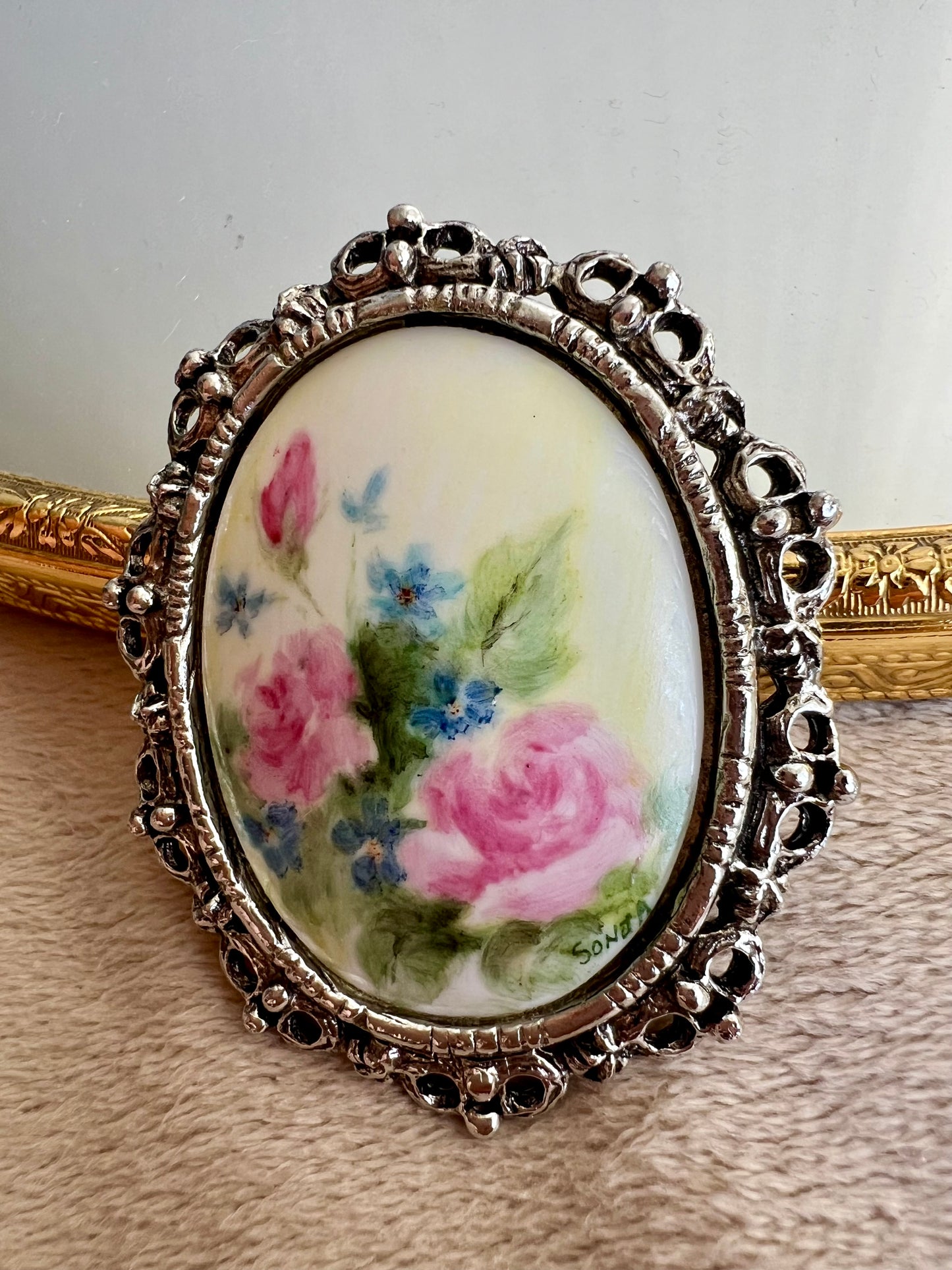 Hand Painted Porcelain Vintage Pink Roses Silver Brooch