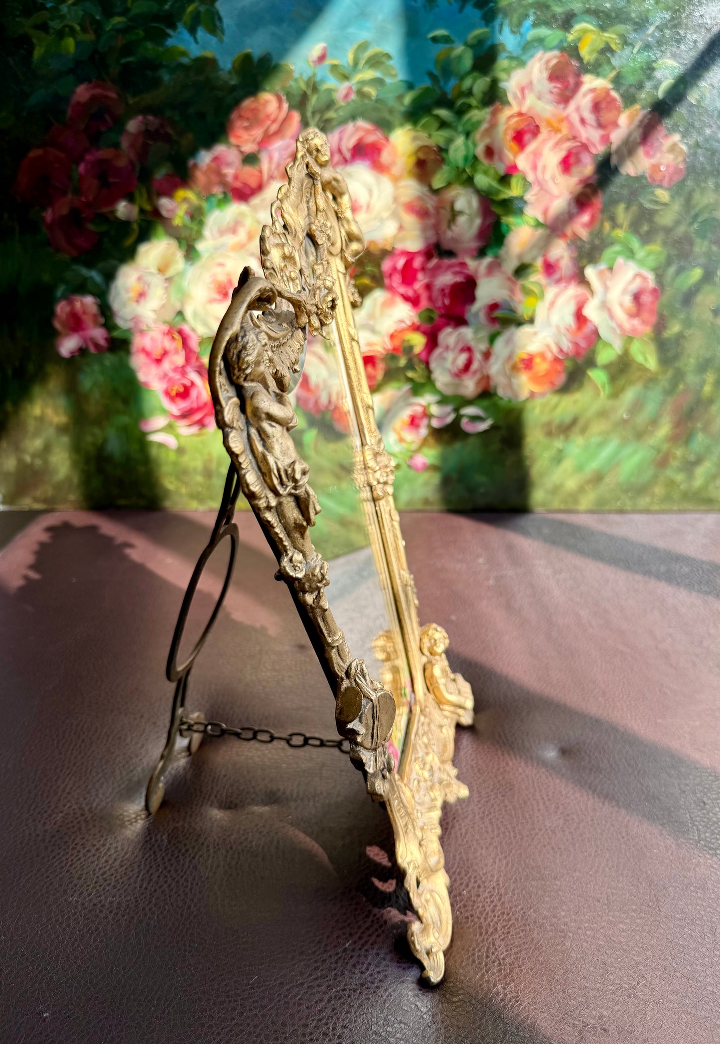 Antique Italian Rococo-Style Table Mirror with Gilded Frame, Featuring Putti (cherubs) Decor and Floral Painting