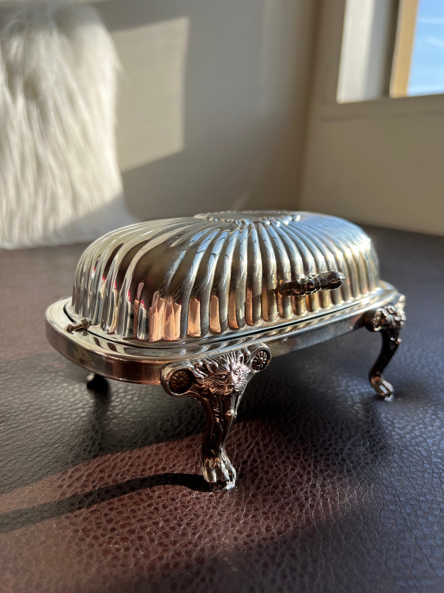 Antique F.B Rogers Silver-Plated Lion Head and Footed Butter Dish Victorian Covered Roll Top - Glass Insert