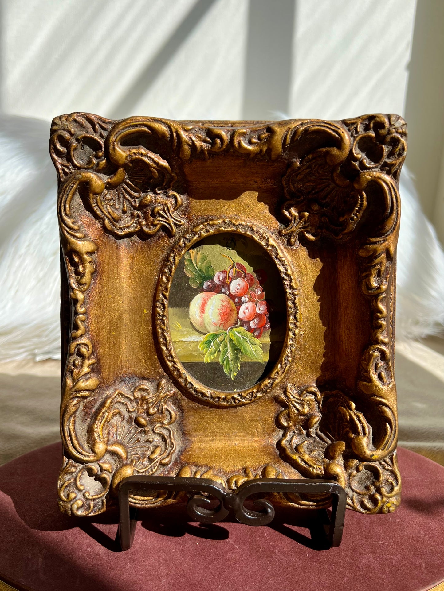 Peach and Grapes Miniature Oil Painting Wall Art With Gilded Wooden Frame