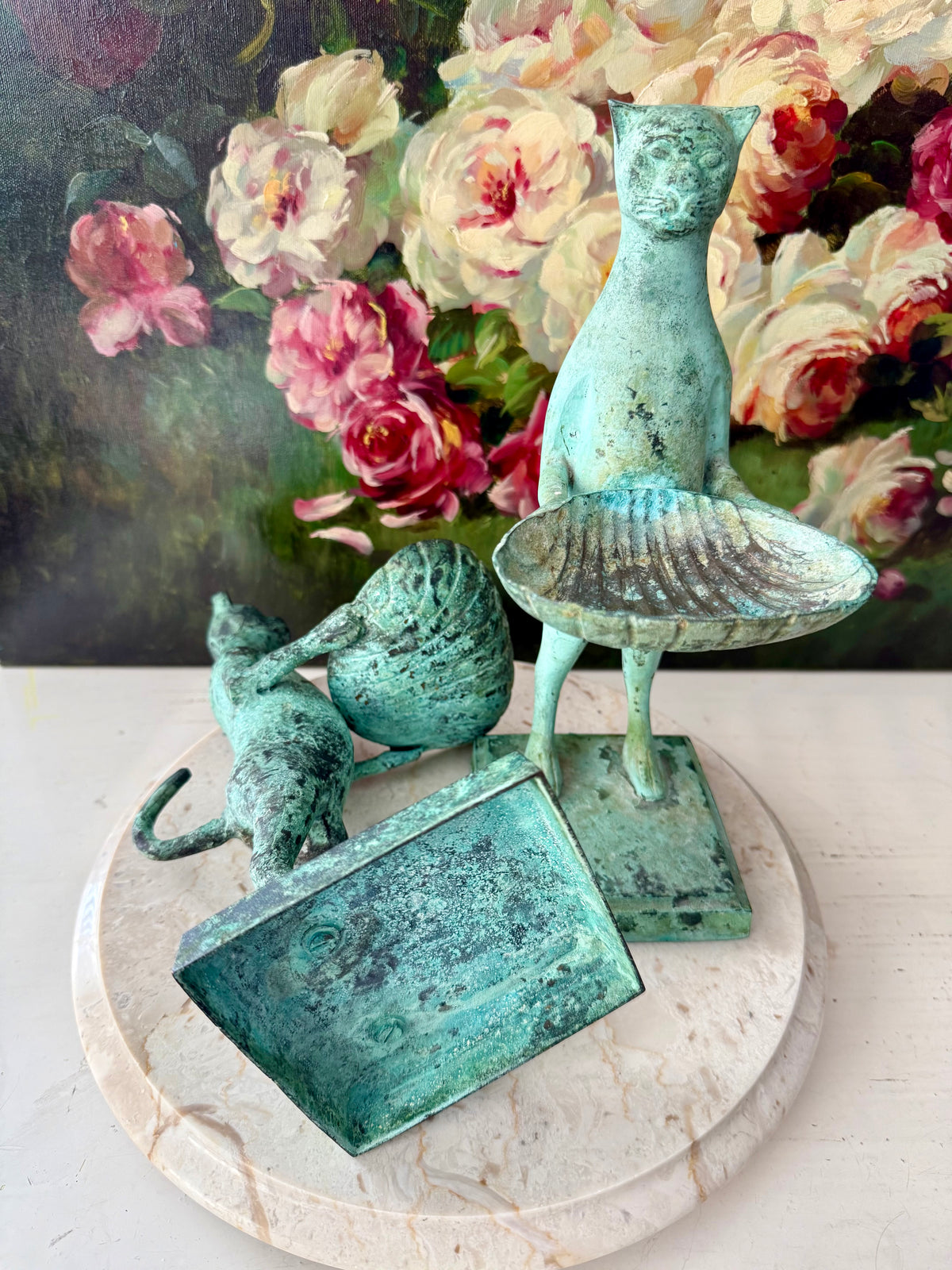 Antique Diego Giacometti-Style Patinated Bronze "Cat Butler" Statues, often used as Soap Dishes, Business Card Holders, or Trinket Trays - This price applies to a single item only!