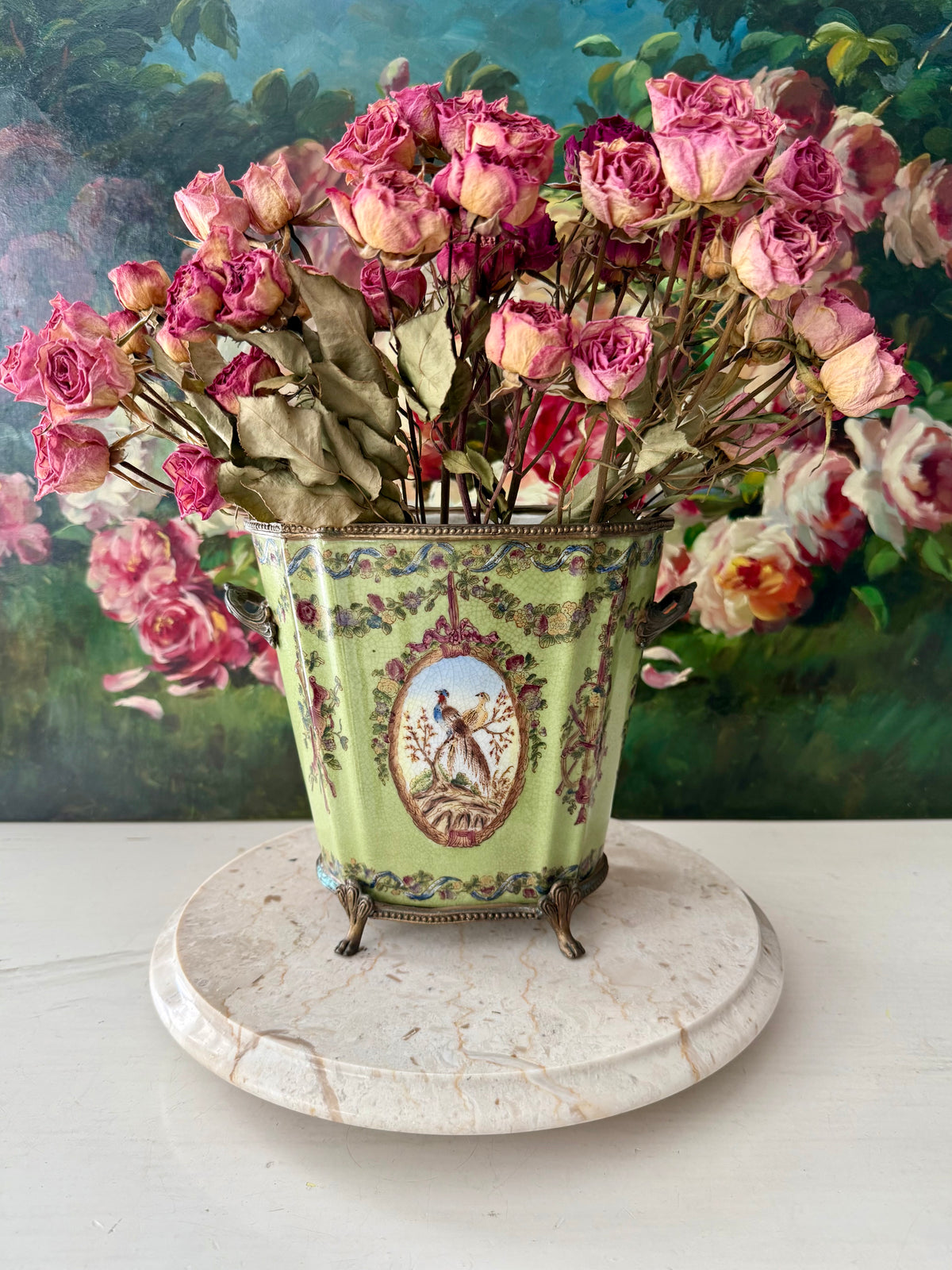 Antique Green Pheasant Bird and Floral Garland Porcelain Brass Footed Cache Pot or Jardiniere
