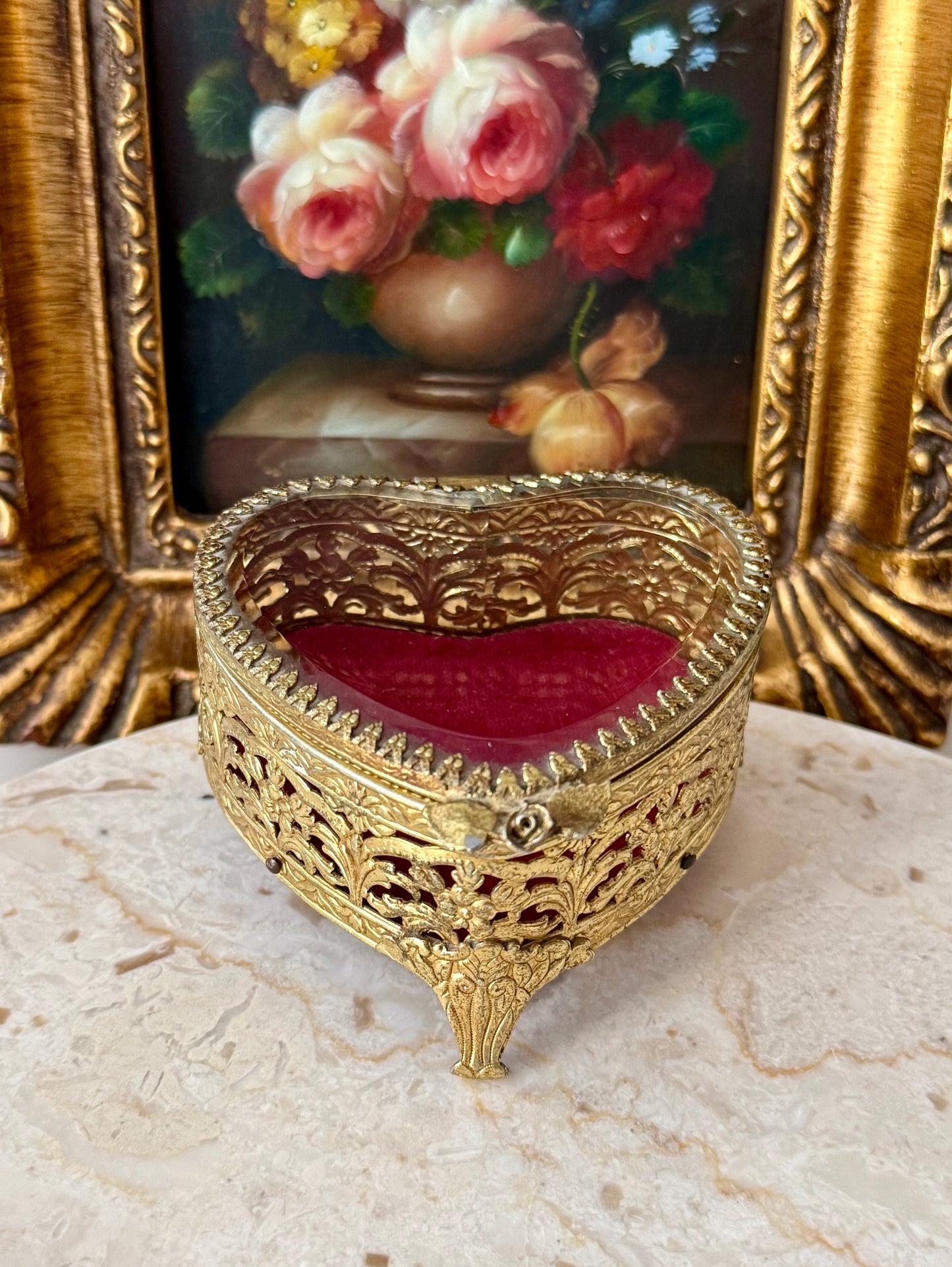 Antique French Style Gold-plated Ormolu Filigree Heart-shaped Trinket or Jewelry Box with a Plush Red Velvet Lining