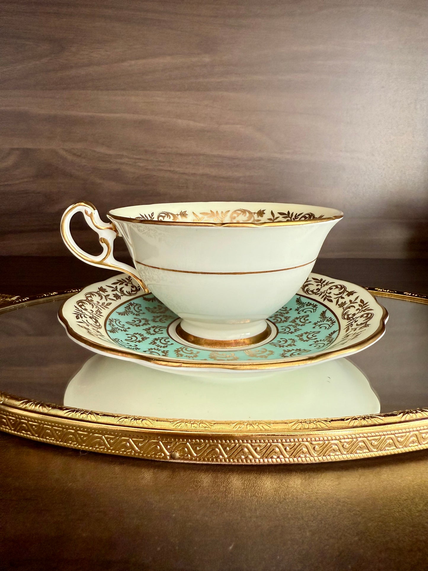 1950s Paragon Fine Bone China Vintage Aqua Green, Gold and Floral Porcelain Tea Cup and Saucer Set, Made in England