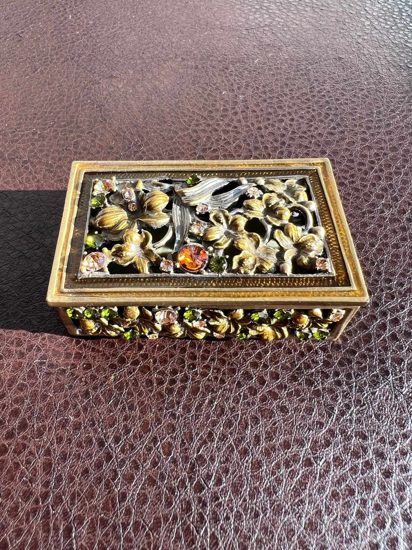 Enameled Vintage Metal Jewelry/ Trinket Box with Colorful Rhinestone Jewels