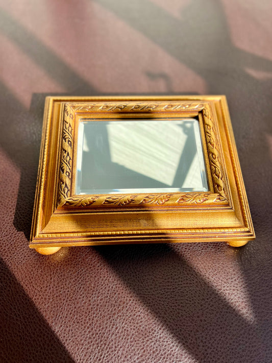 Vintage Gild Wooden Framed Table or Shelf Mirror with 4 Round Legs