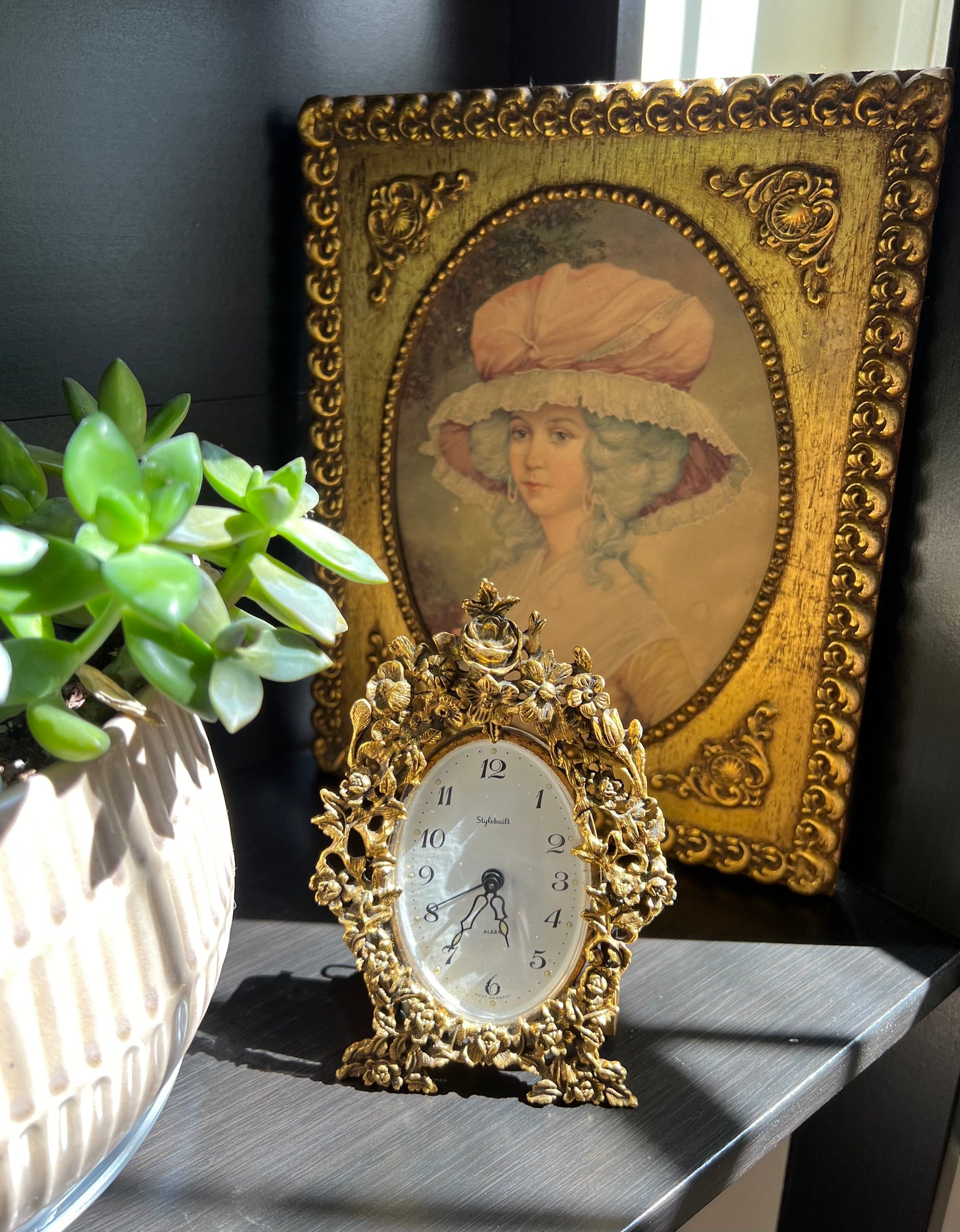 Vintage Gilded Wooden Framed Art, French Paper Portrait of a Victorian Lady with Hat