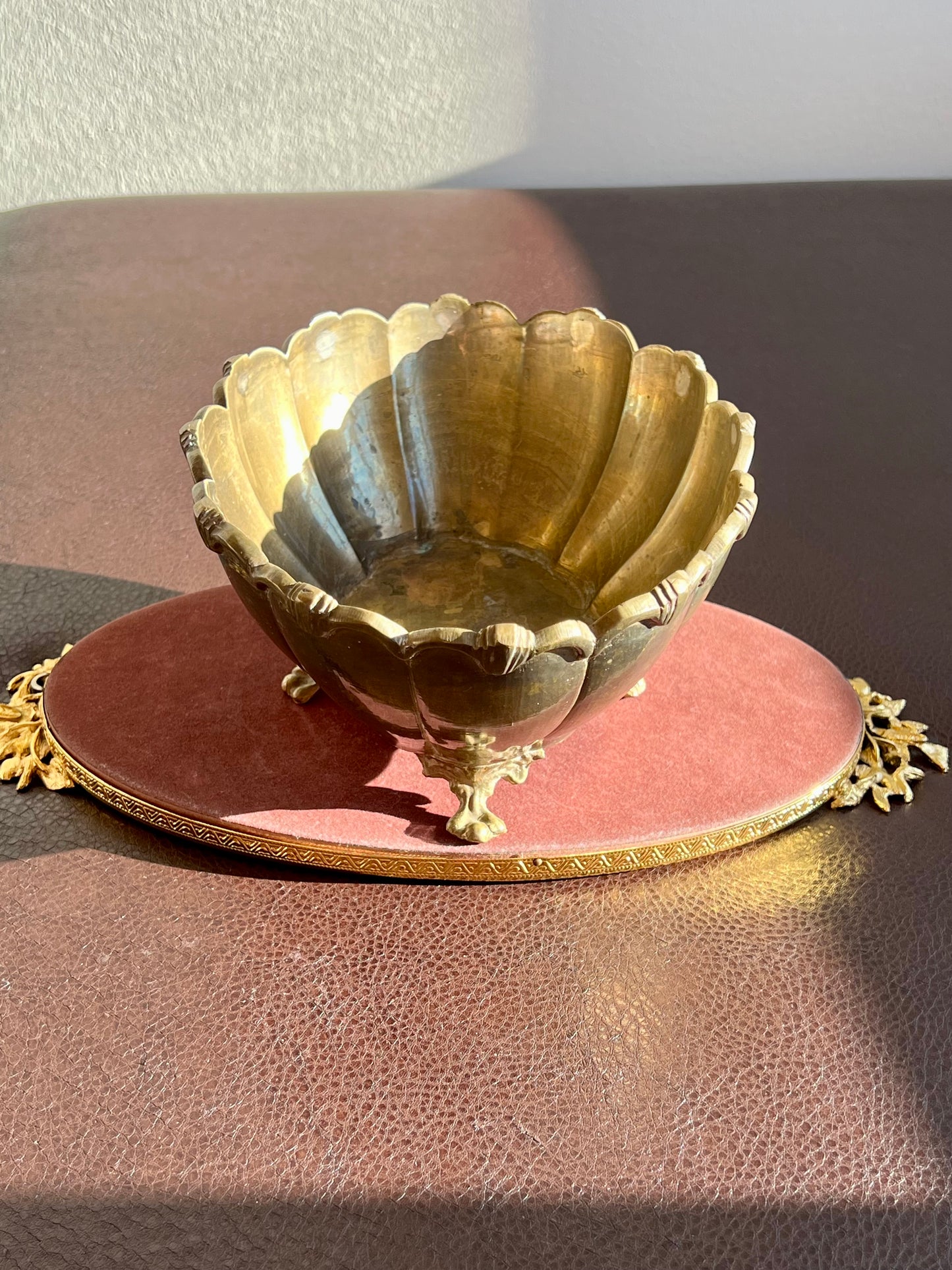 Art Deco Style Vintage Oval Heavy Footed Ornate Brass Scalloped Shaped Medium Size Fruit Bowl