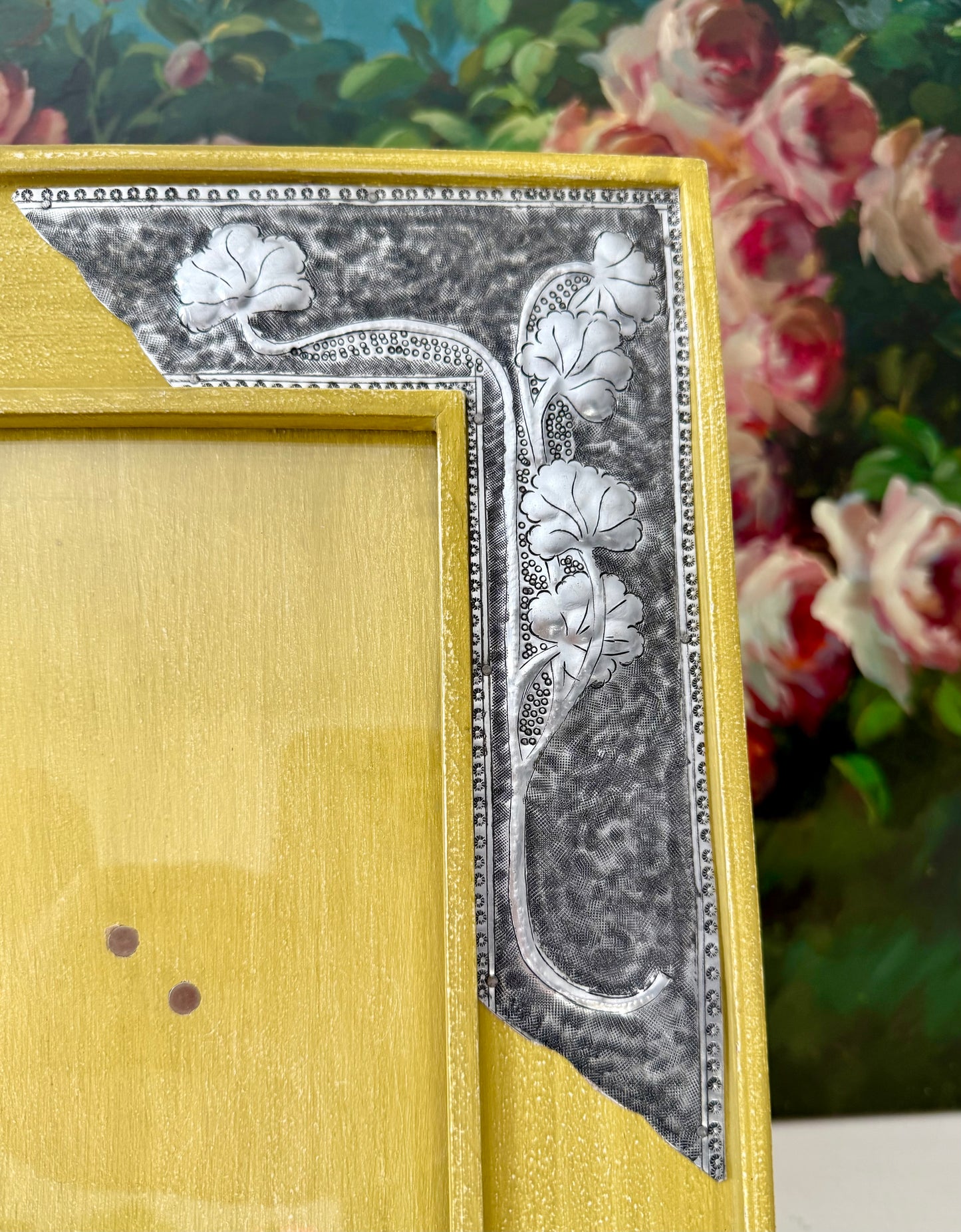 Vintage Mustard Yellow Wooden Picture/ Photo Frame with Metal Floral Decoration on the Corners