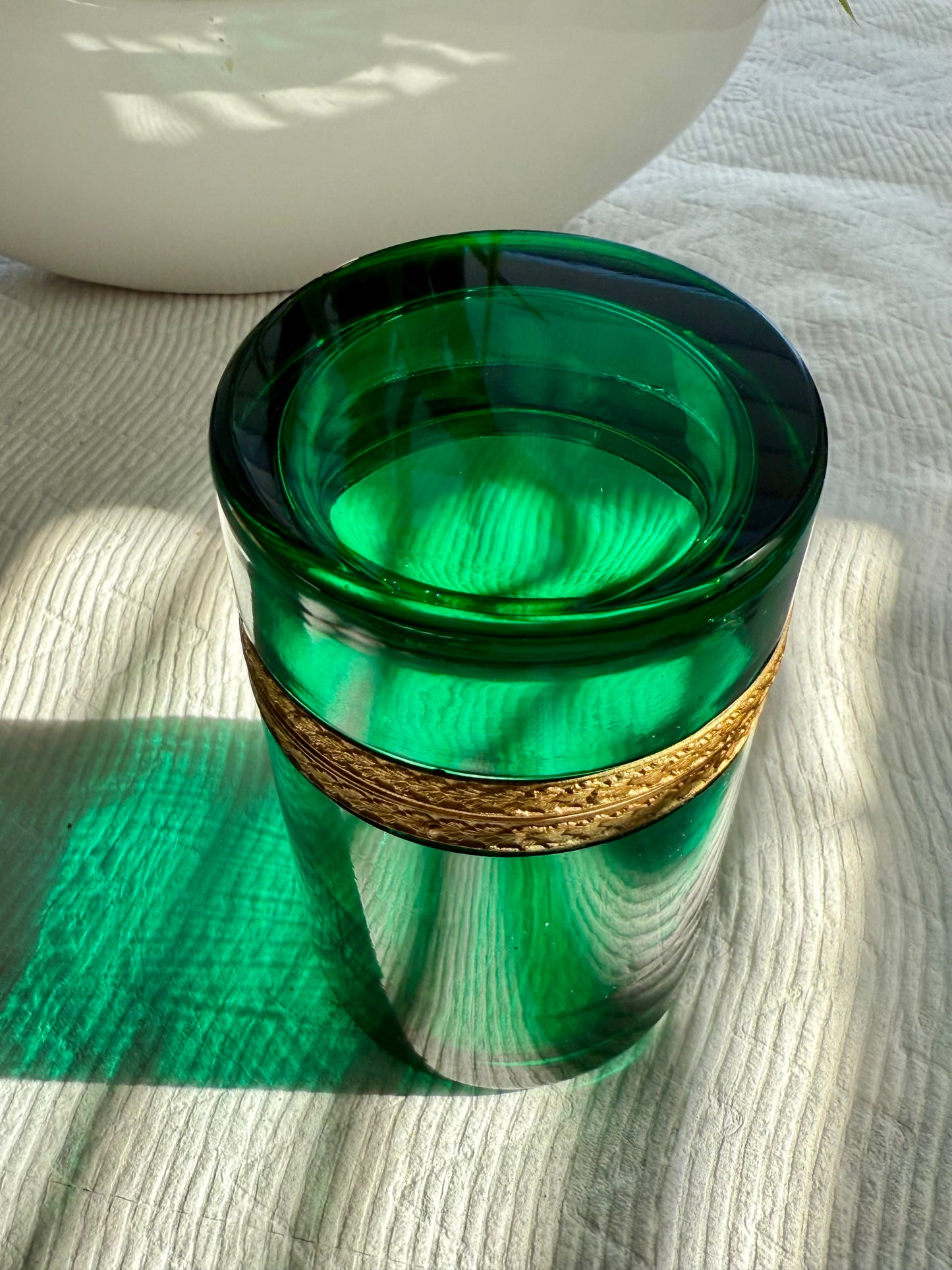 Antique Emerald Green Italian Murano Glass Cylindrical Jewelry or Trinket Box with Bronze Dore Gold Brass Mounts