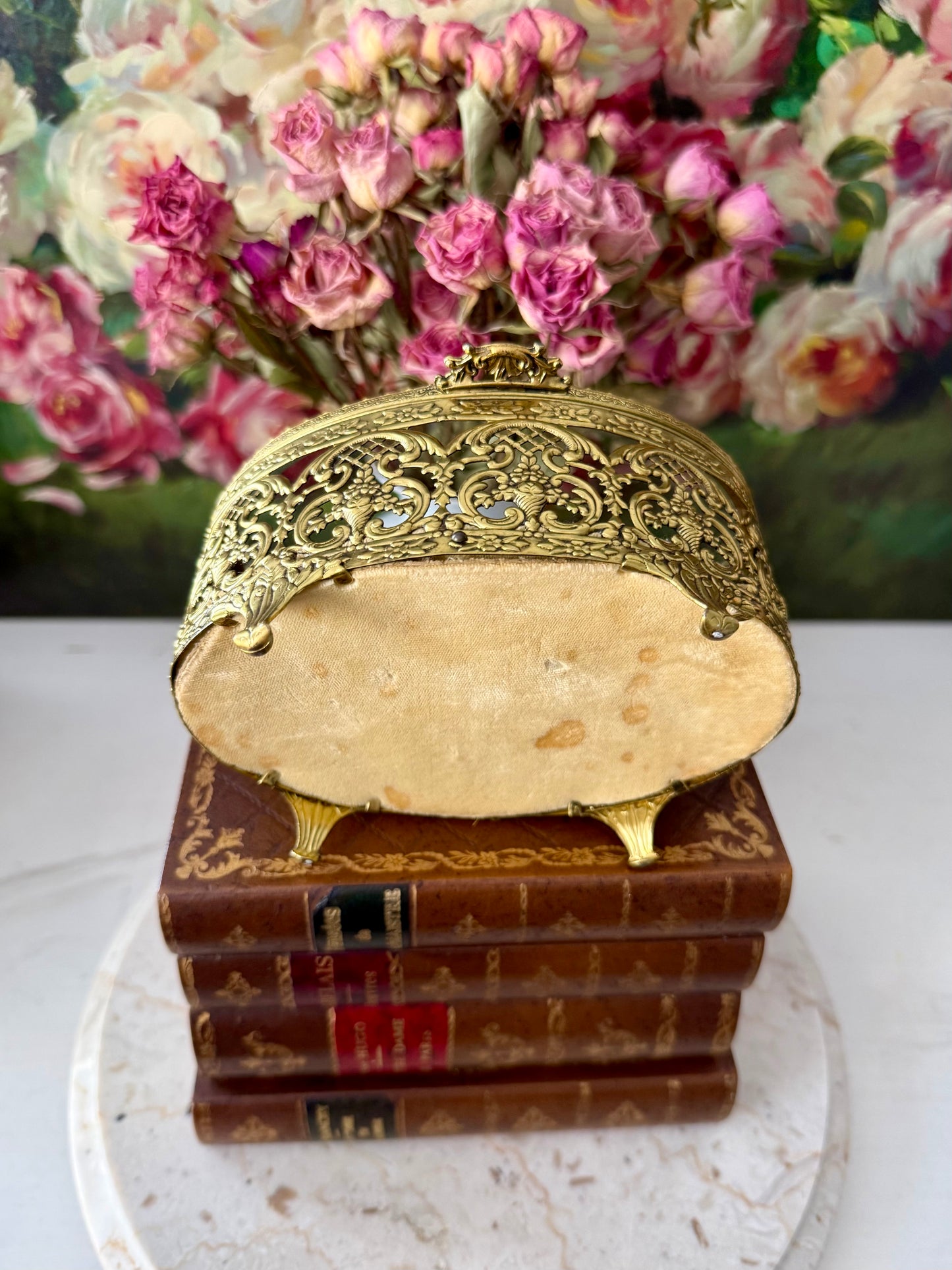 Matson Style Vintage Gold-plated and Glass Hollywood Regency Oval Ormolu Brass Jewelry/ Trinket Box