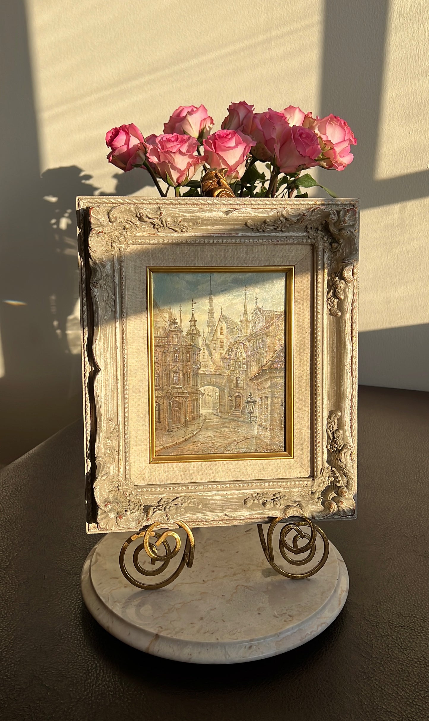 Very Unique “Riga” Old City Original Artwork Vintage Oil Painting with Wooden Framed Signed by G.Sviraunc