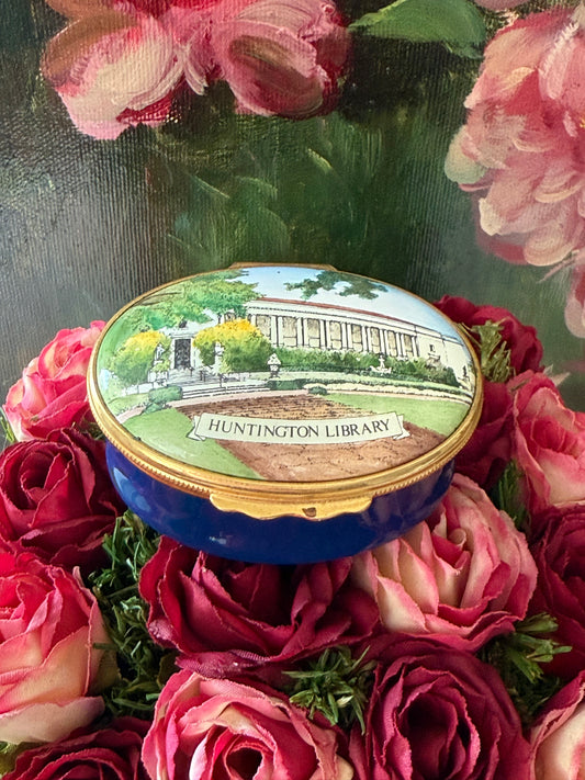 1992 Halcyon Days Enameled Hand-painted Vintage Trinket or Pill Box, with Huntington Library mark on top - Made in England