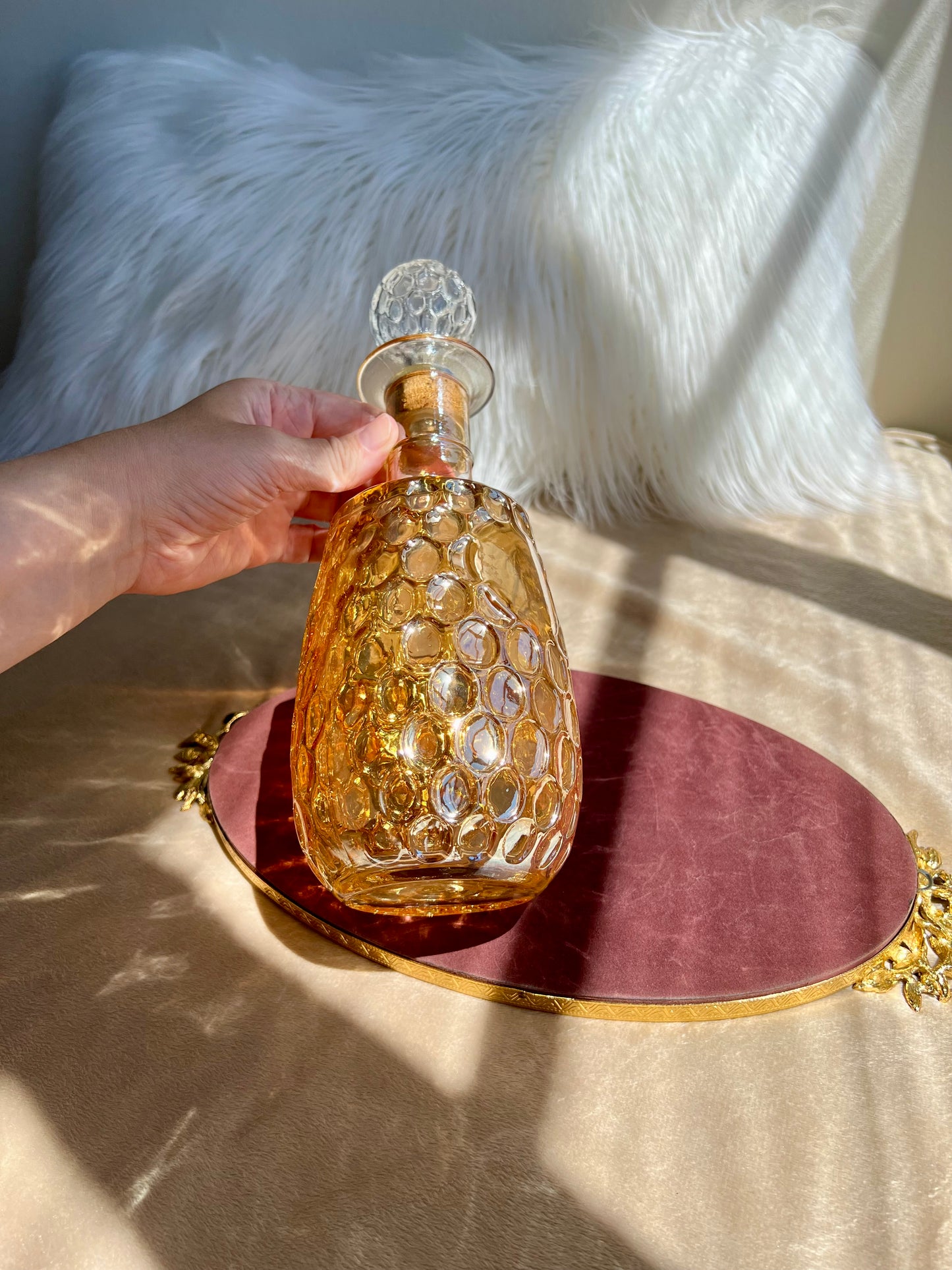 Mid-Century Marigold Blown Glass Thumbprint Whiskey/Bourbon Decanter With Stopper