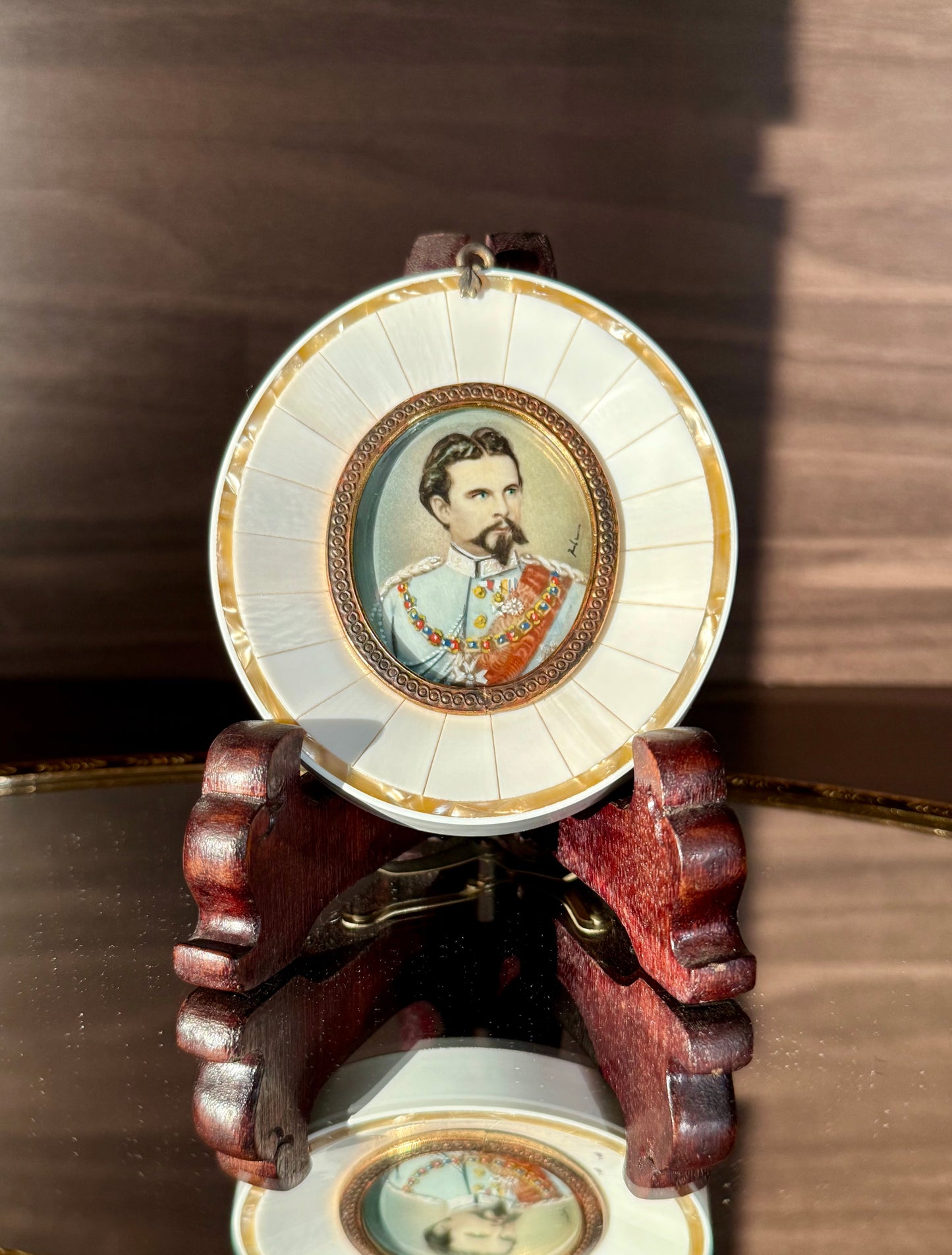 19th-century Antique Miniature Painting Portrait of King Ludwig II of Bavaria with Mother-of-Pearl Frame
