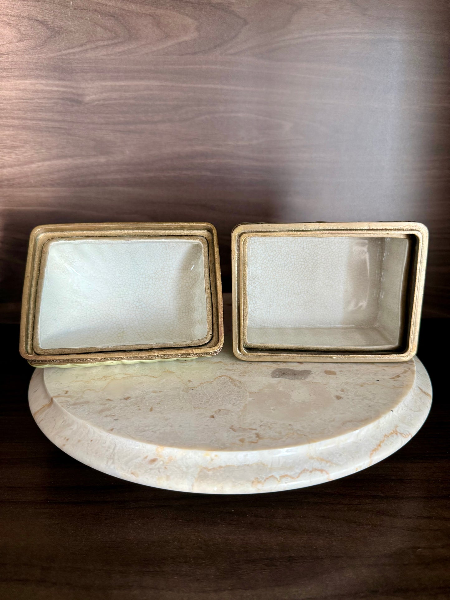 Vintage Porcelain Trinket Dish or Jewelry Box in a Glossy Crackle finish & Bronze Trims on four Legs