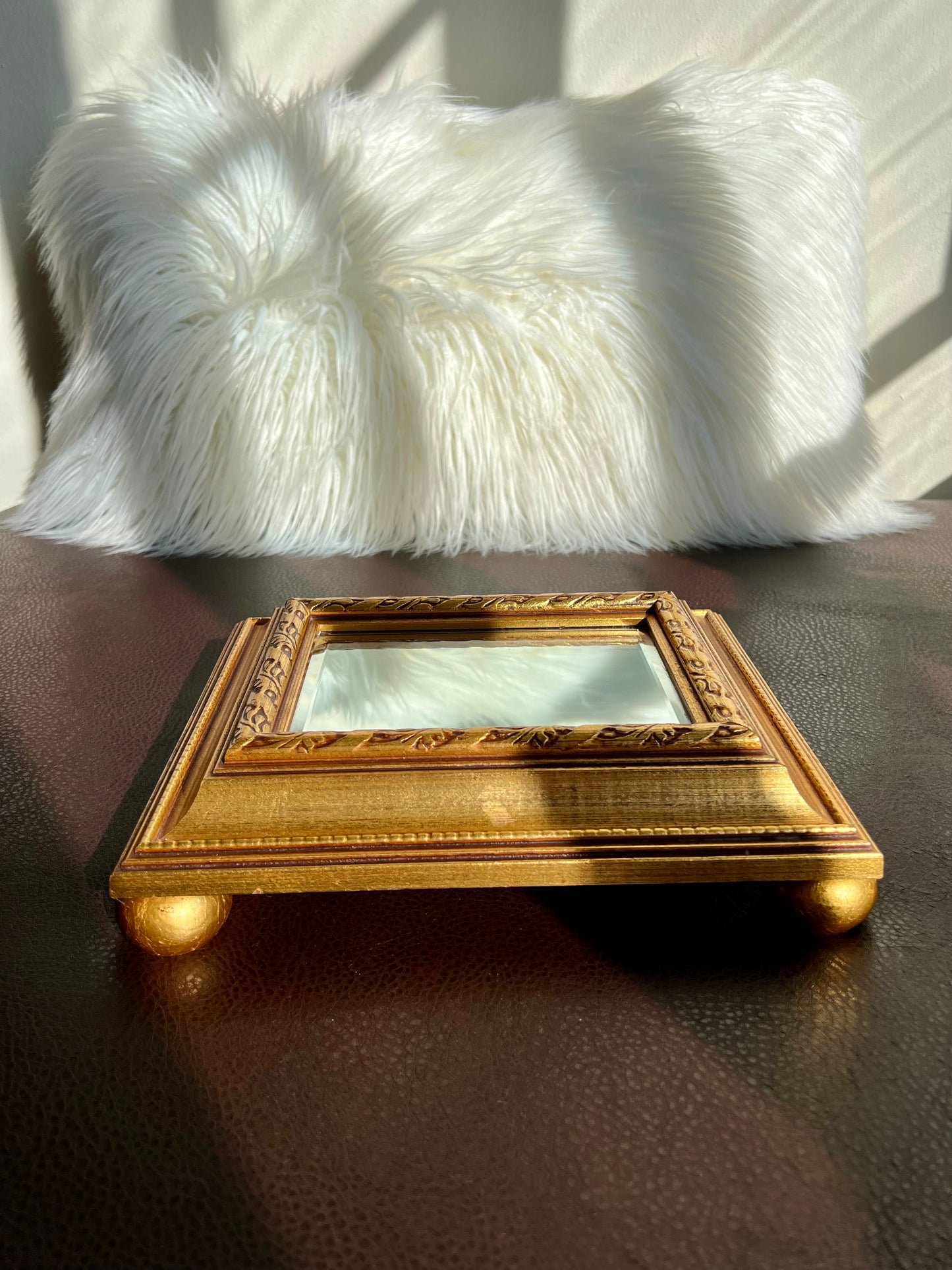 Vintage Gild Wooden Framed Table or Shelf Mirror with 4 Round Legs