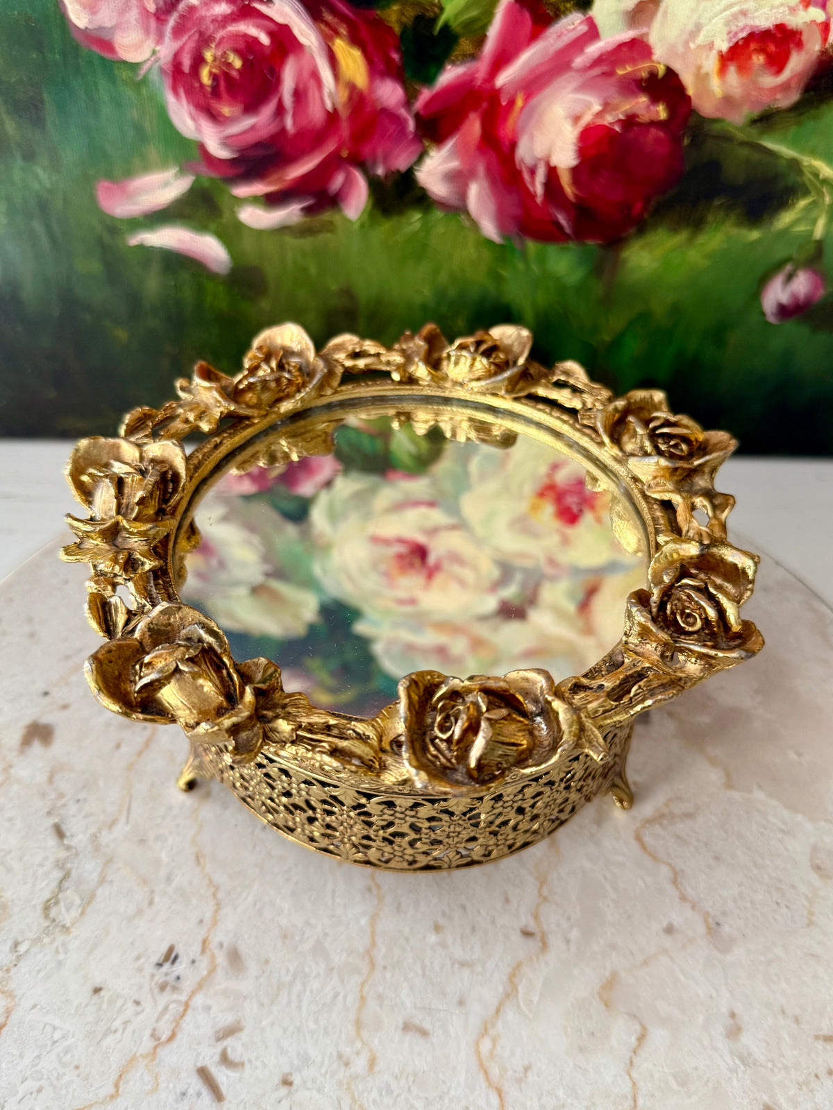 1960s Hollywood Regency Vintage 24K Gold-plated Ormolu Filigree with Mirrored Glass and Rose Motifs Trinket Box or Powder Jar