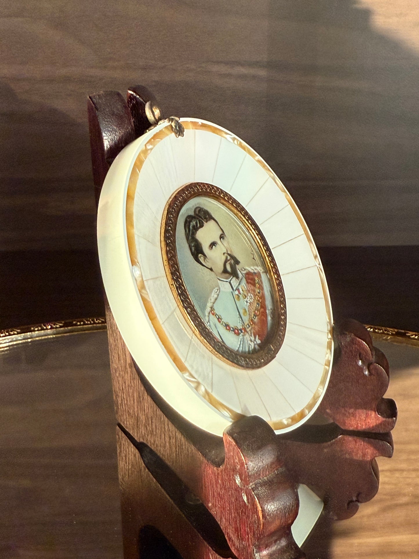 19th-century Antique Miniature Painting Portrait of King Ludwig II of Bavaria with Mother-of-Pearl Frame