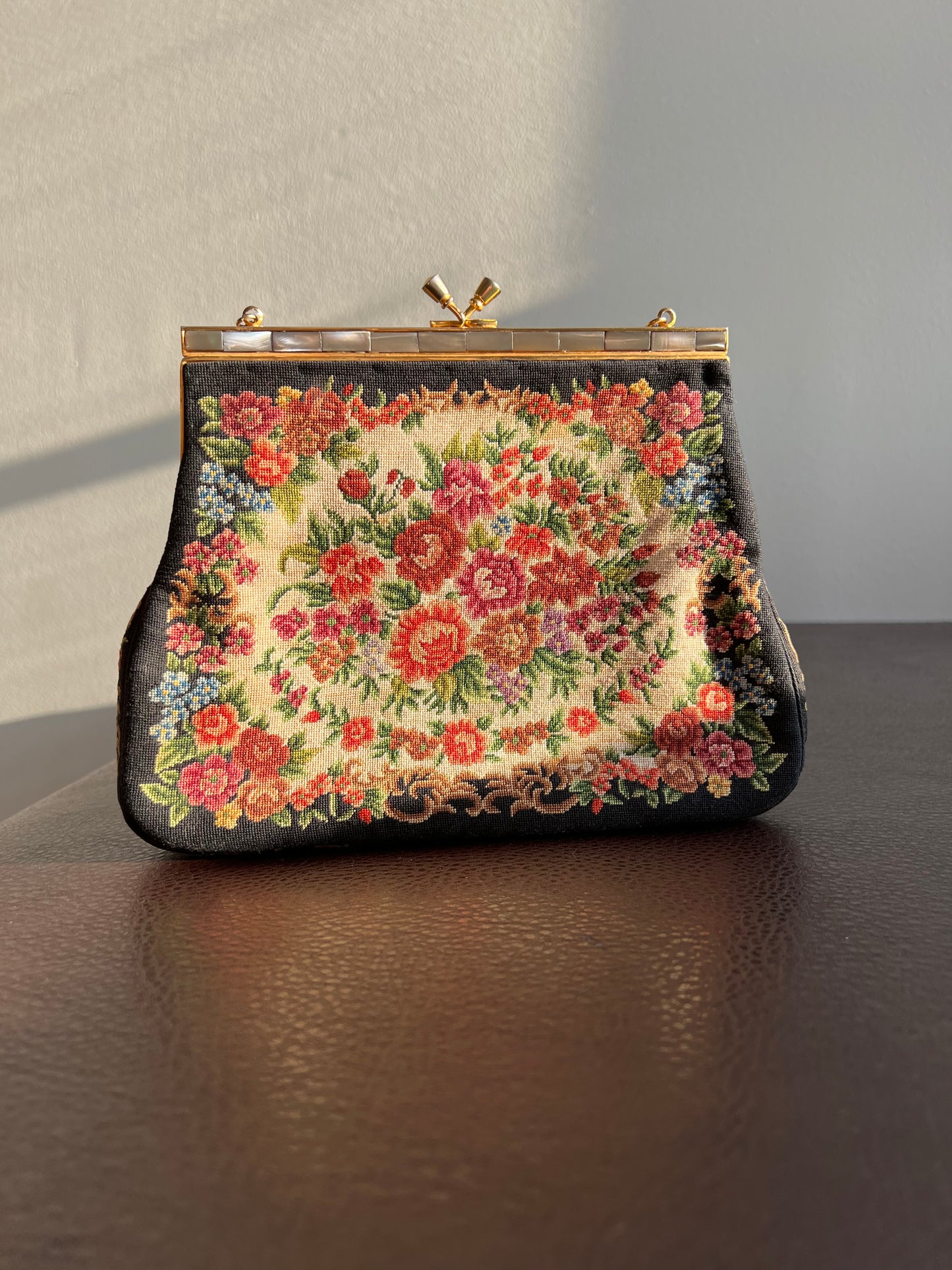 Tapestry Vintage Handbag/ Purse with Floral Rose Decoration and Mother of Pearl Edge, Burgundy Satin Inside