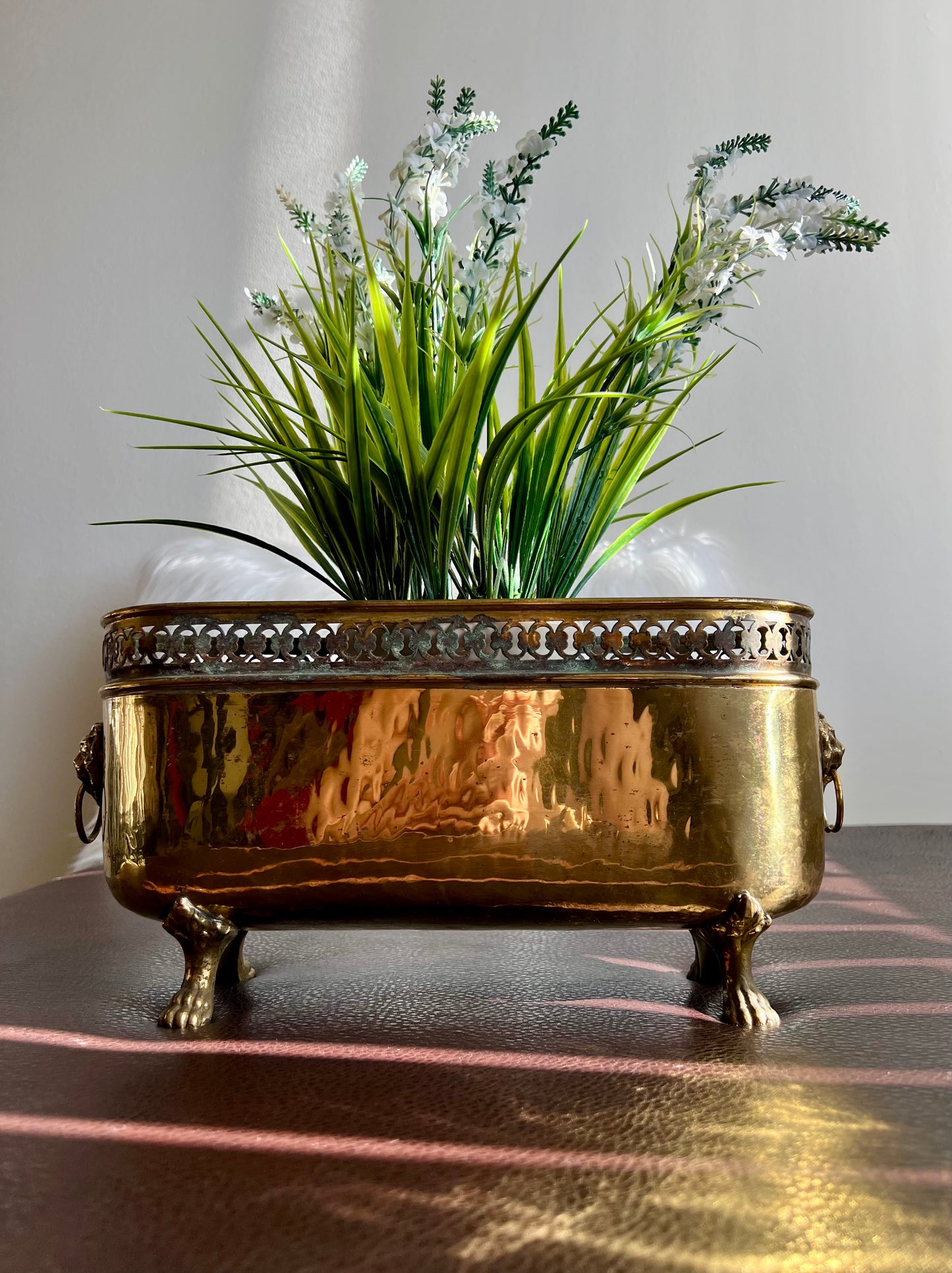 Antique/ Vintage Brass Planter Jardinière Ornate with Four Lion Paws Footed and Two Lion Heads with Rings