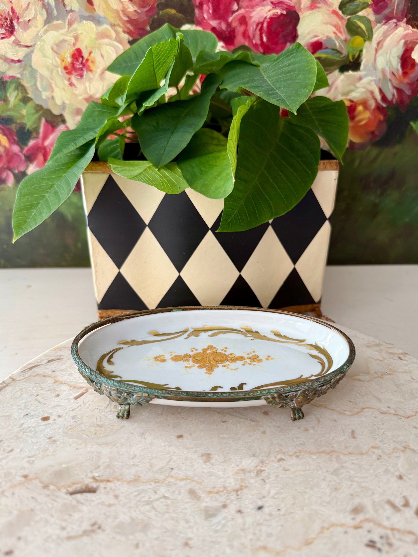 Antique Sévres Style Brass Footed and Hand-painted Oval Porcelain Decorative Soap Dish - Made in France