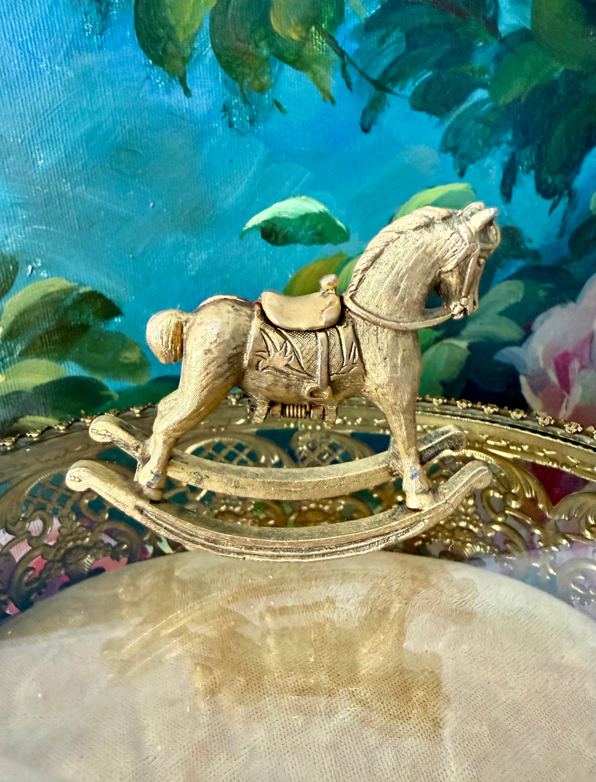 1970s Vintage Max Factor Gold-toned Metal “Rocking Horse” Perfume Compact