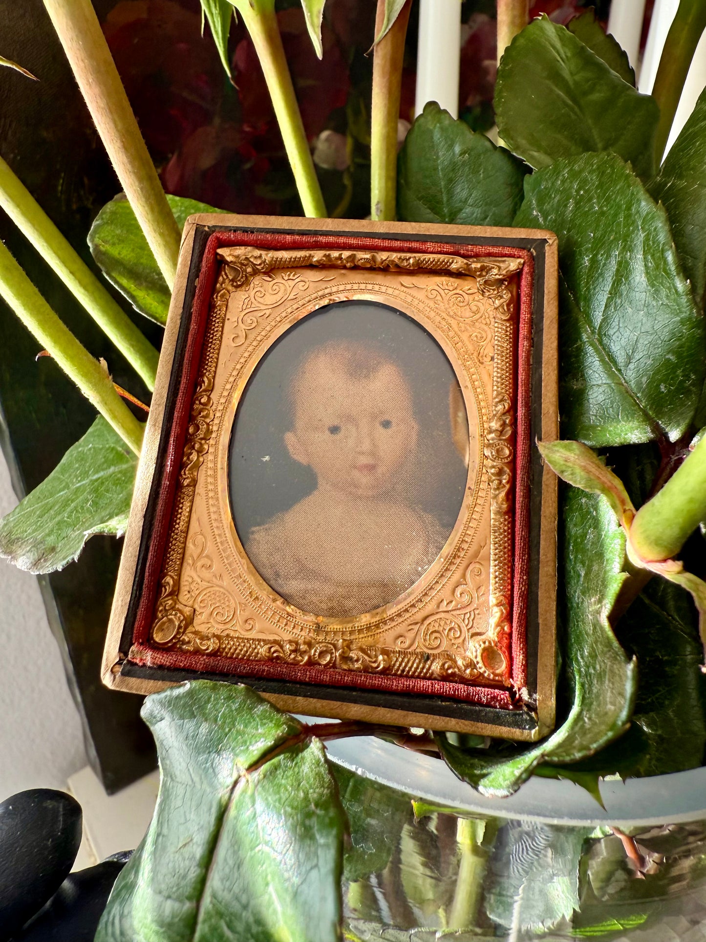 Vintage/ Antique Miniature Golden Wooden Frame with Print Portrait of a Baby