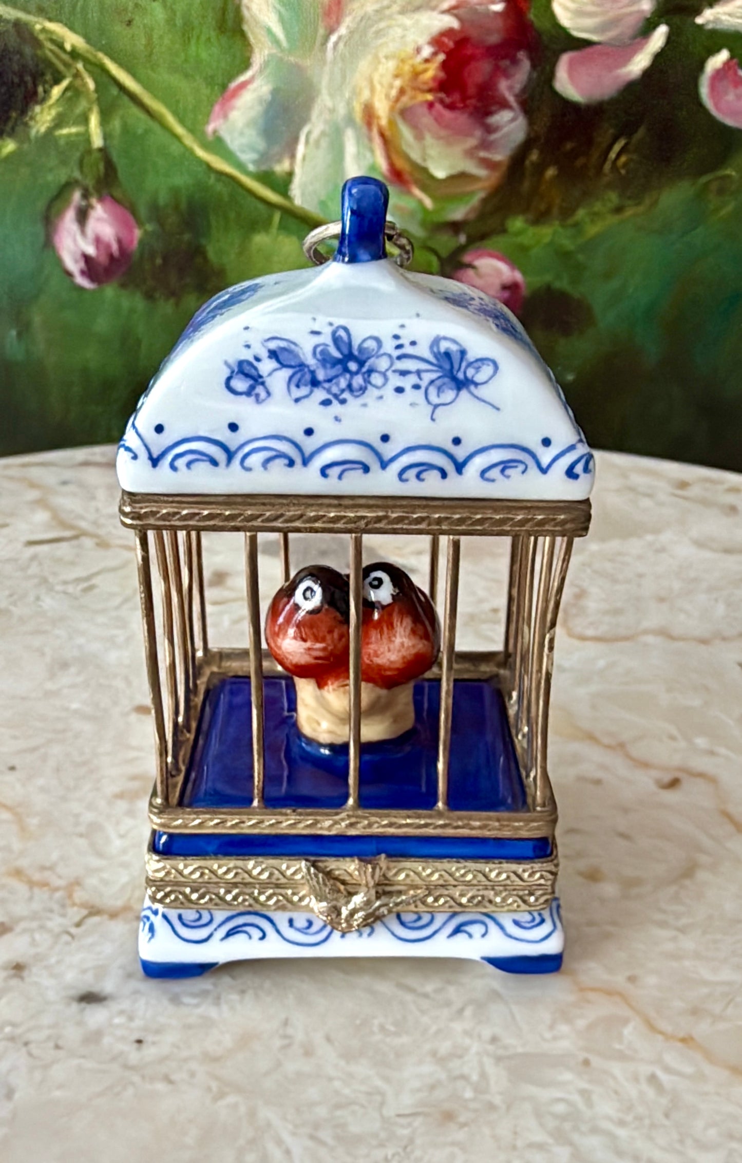 French Limoges Hand-painted Vintage Porcelain Love Birds in Cage Trinket/ Pill or Jewelry Box