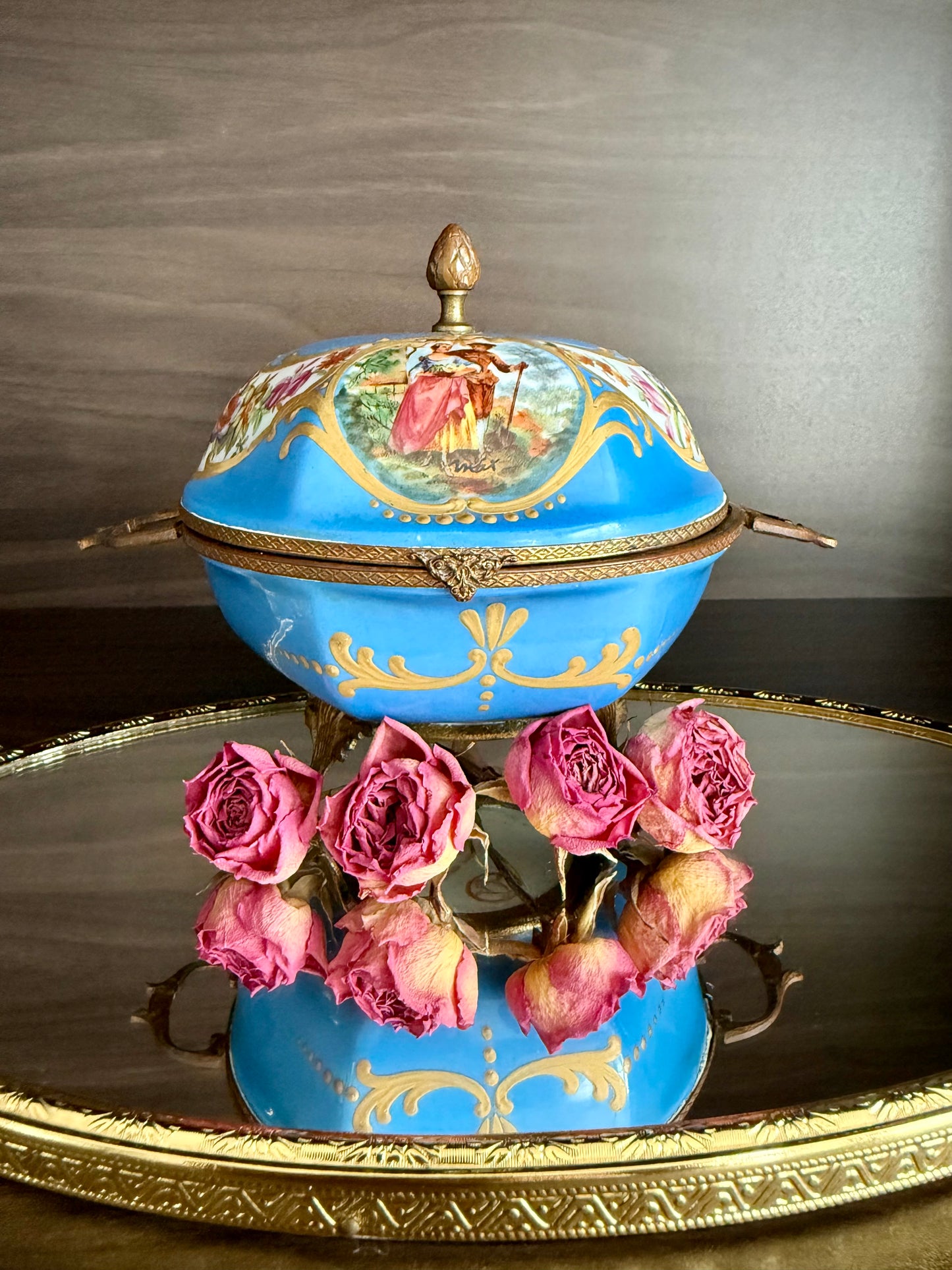 Antique Capodimonte Footed Hand Painted Blue Porcelain Dresser Box, Made In France