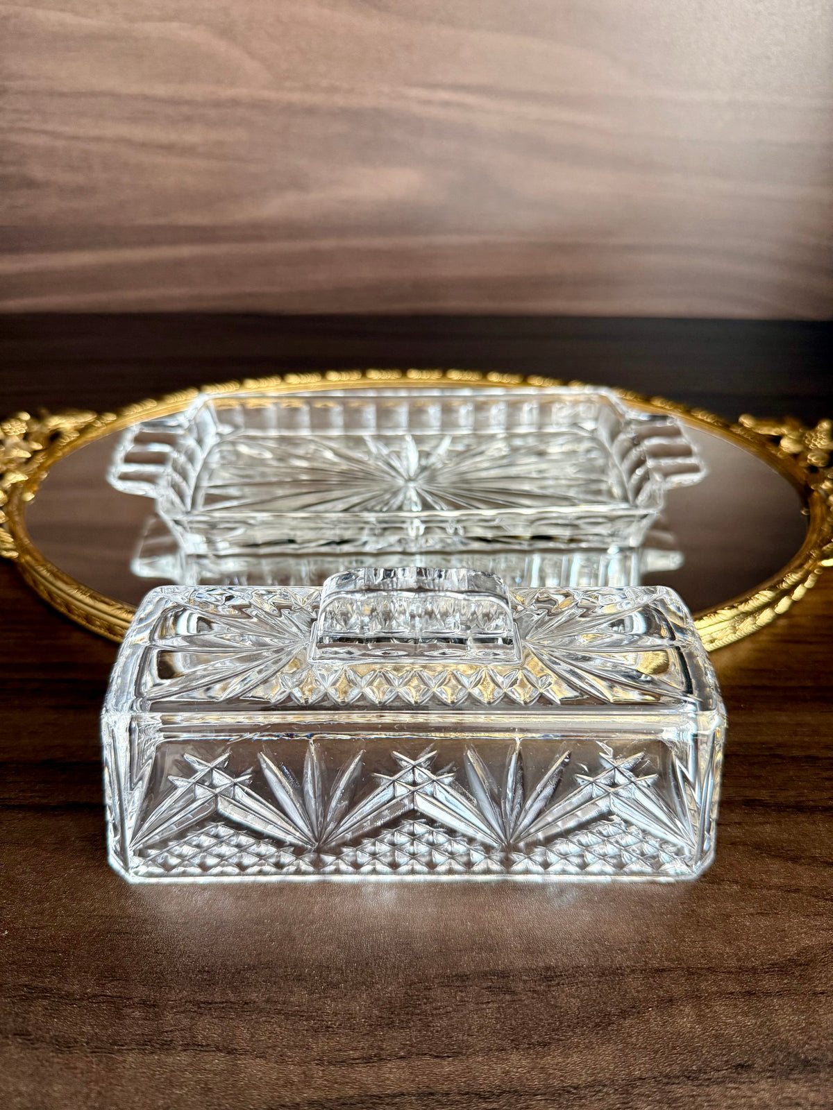 Vintage Cut Crystal Glass Butter Dish with a "Cherrywood Clear" Style Pattern