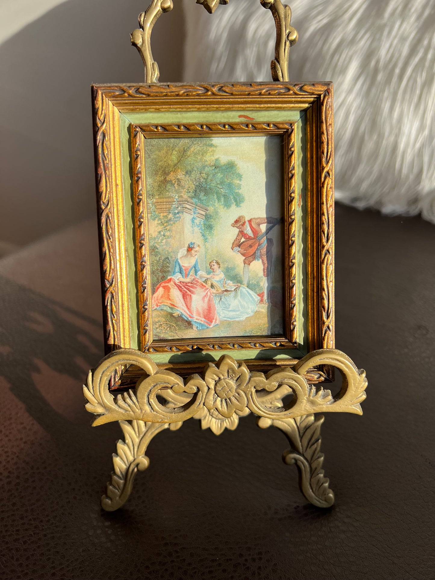 Italian Florentine Style Mini Vintage Print Picture with Gilded Wooden Square Frame