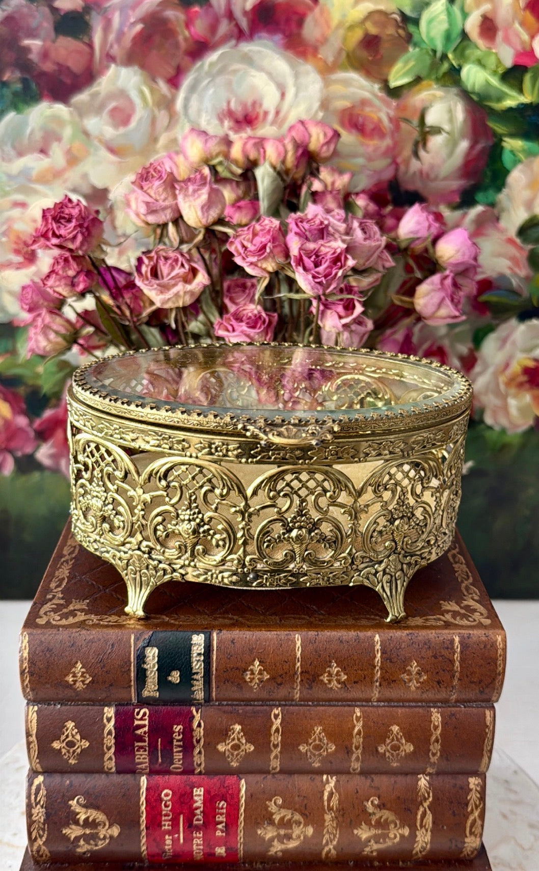 Matson Style Vintage Gold-plated and Glass Hollywood Regency Oval Ormolu Brass Jewelry/ Trinket Box