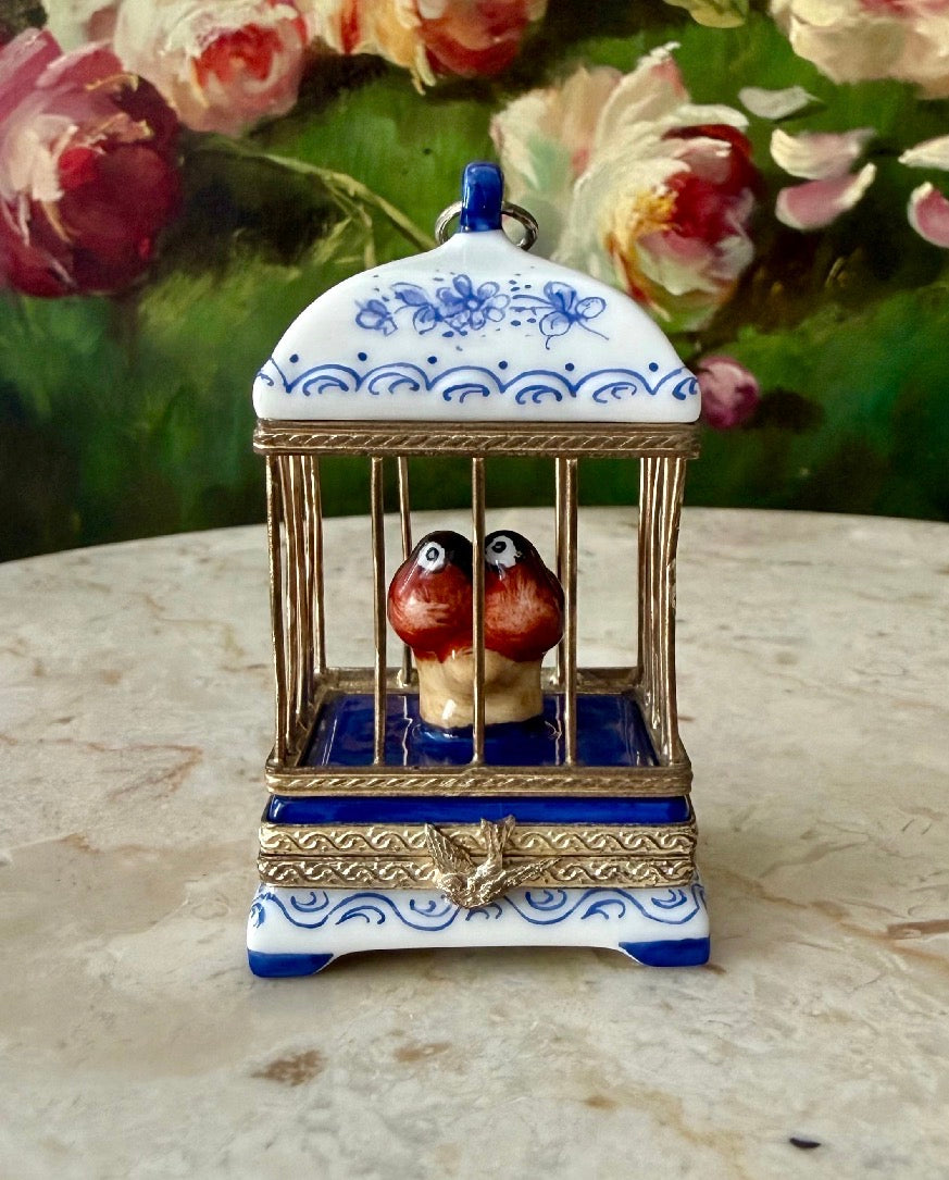 French Limoges Hand-painted Vintage Porcelain Love Birds in Cage Trinket/ Pill or Jewelry Box