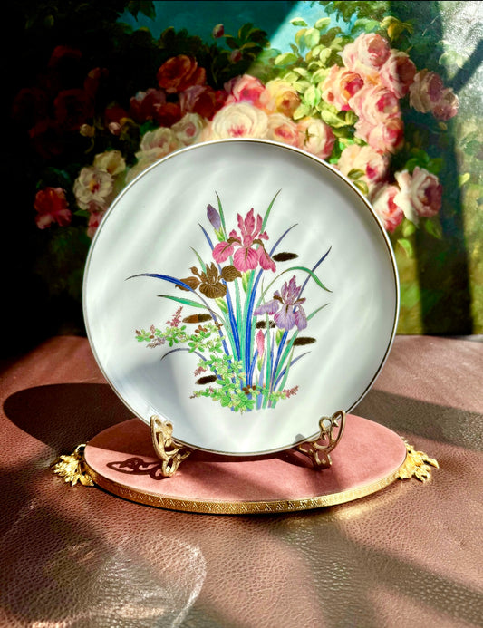 Iris Flower Design Hand-Painted and Gold Trim Vintage White Porcelain Plate - Made in Japan