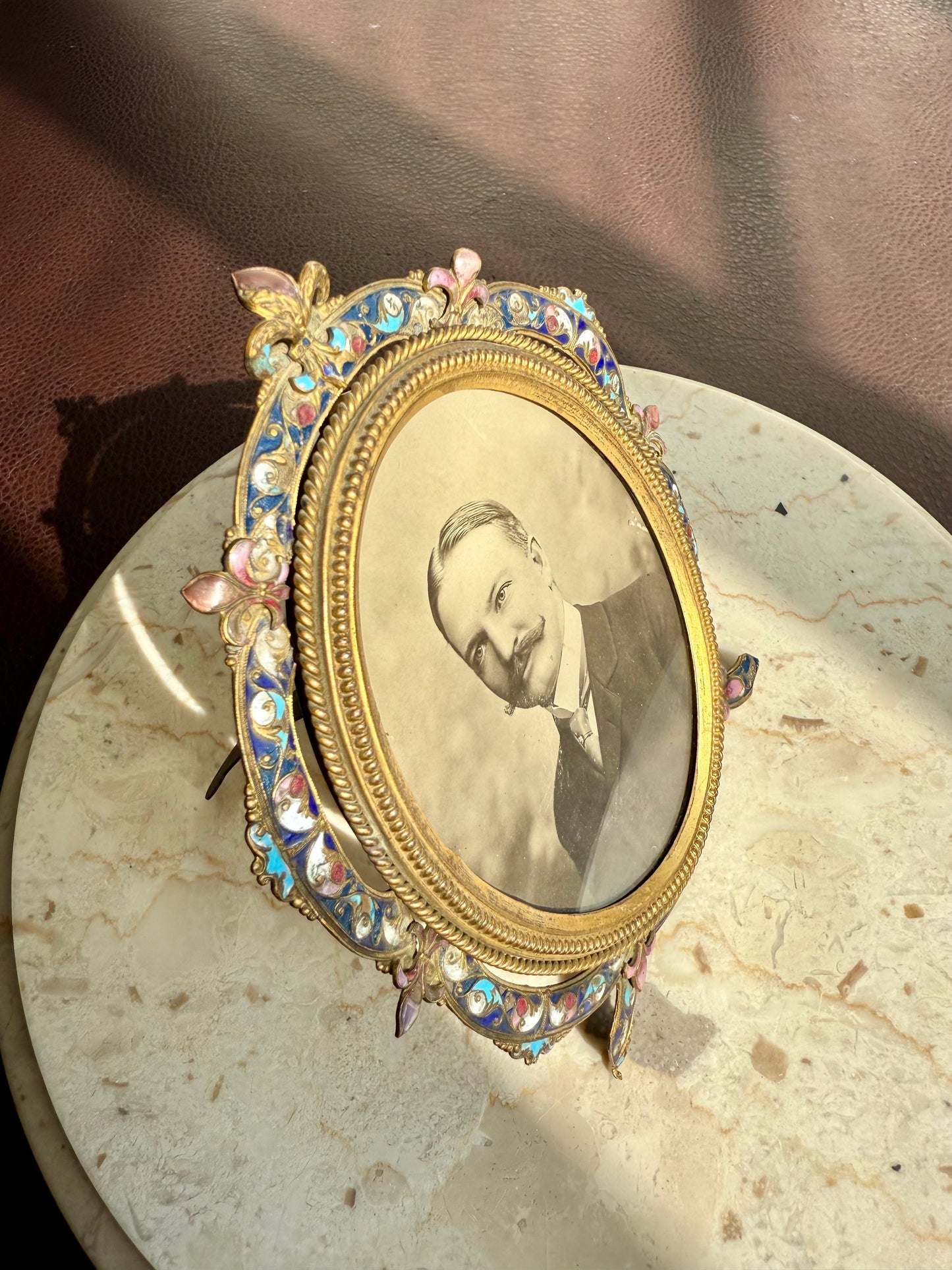 Antique French Style Colorful Enamel Bronze Photo Frame with Black and White Picture of a Gentleman from 19th Century