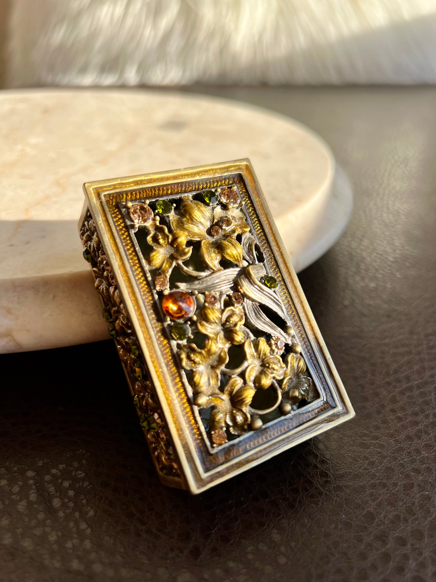 Enameled Vintage Metal Jewelry/ Trinket Box with Colorful Rhinestone Jewels