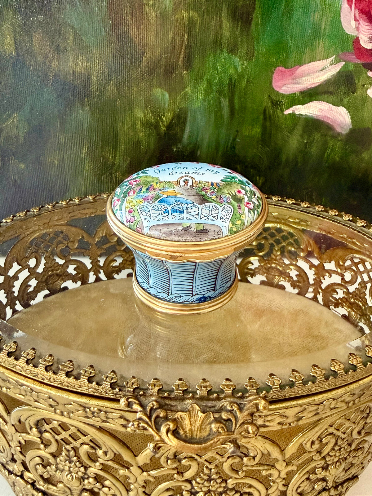 1980s Halcyon Days "GARDEN OF MY DREAMS" Vintage Enamel Trinket Box Bask, Jewelry or Pill Box - Made in England