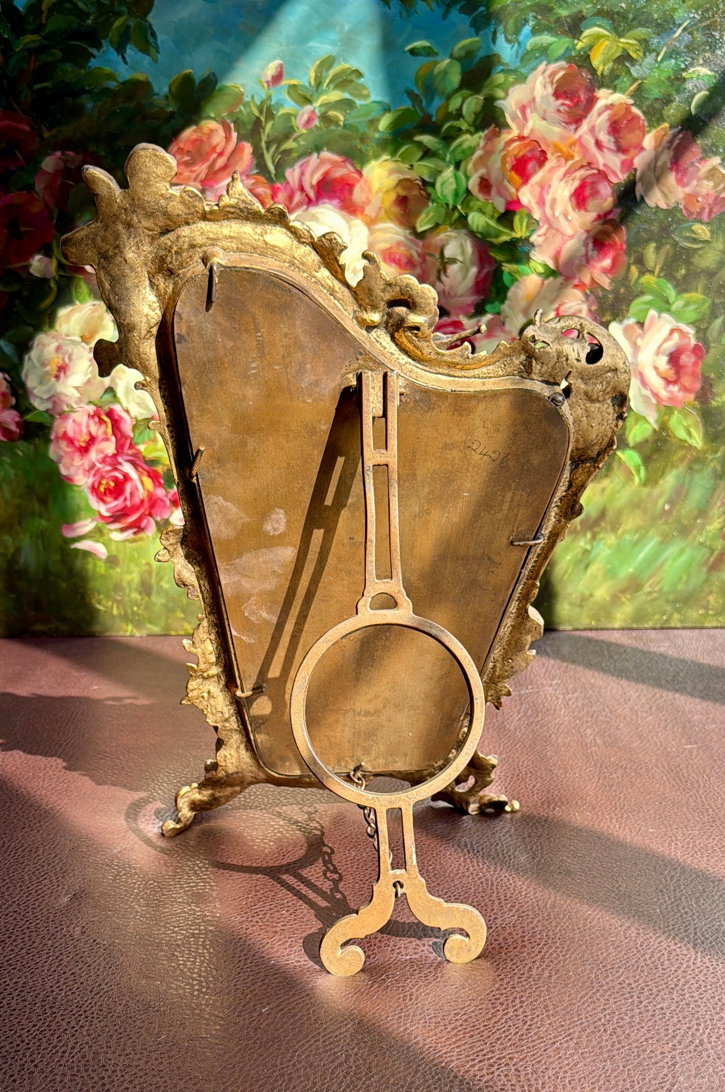 Antique Italian Rococo-Style Table Mirror with Gilded Frame, Featuring Putti (cherubs) Decor and Floral Painting