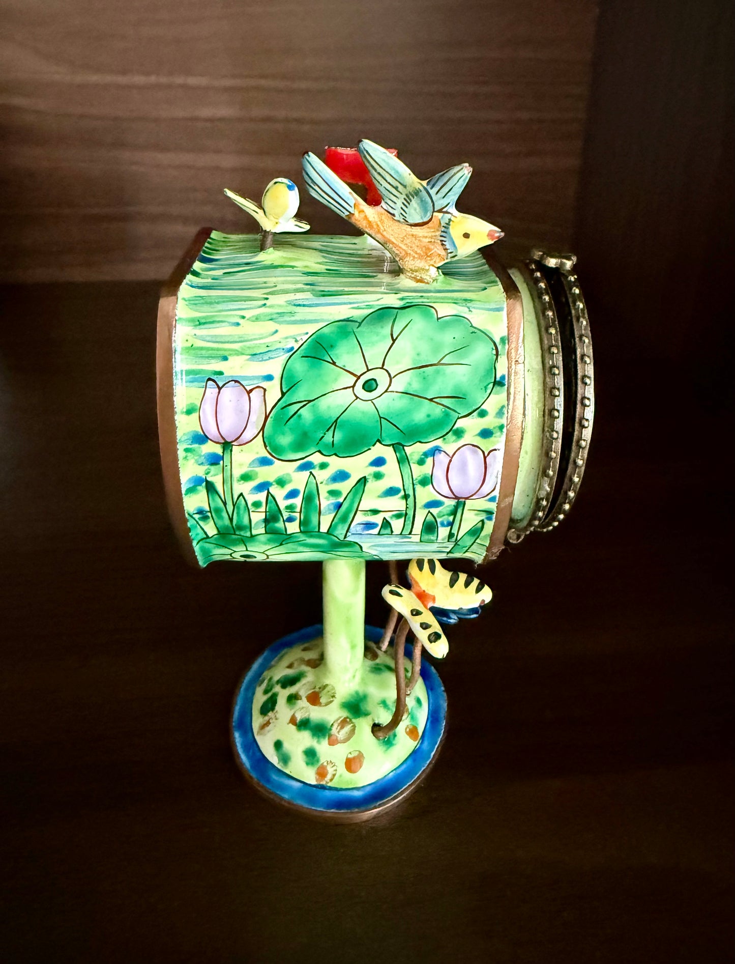 Vintage Hand-Painted Enamel on Copper Miniature Kelvin Chen Mailbox, Trinket Box and Stamps Holder - Numbered