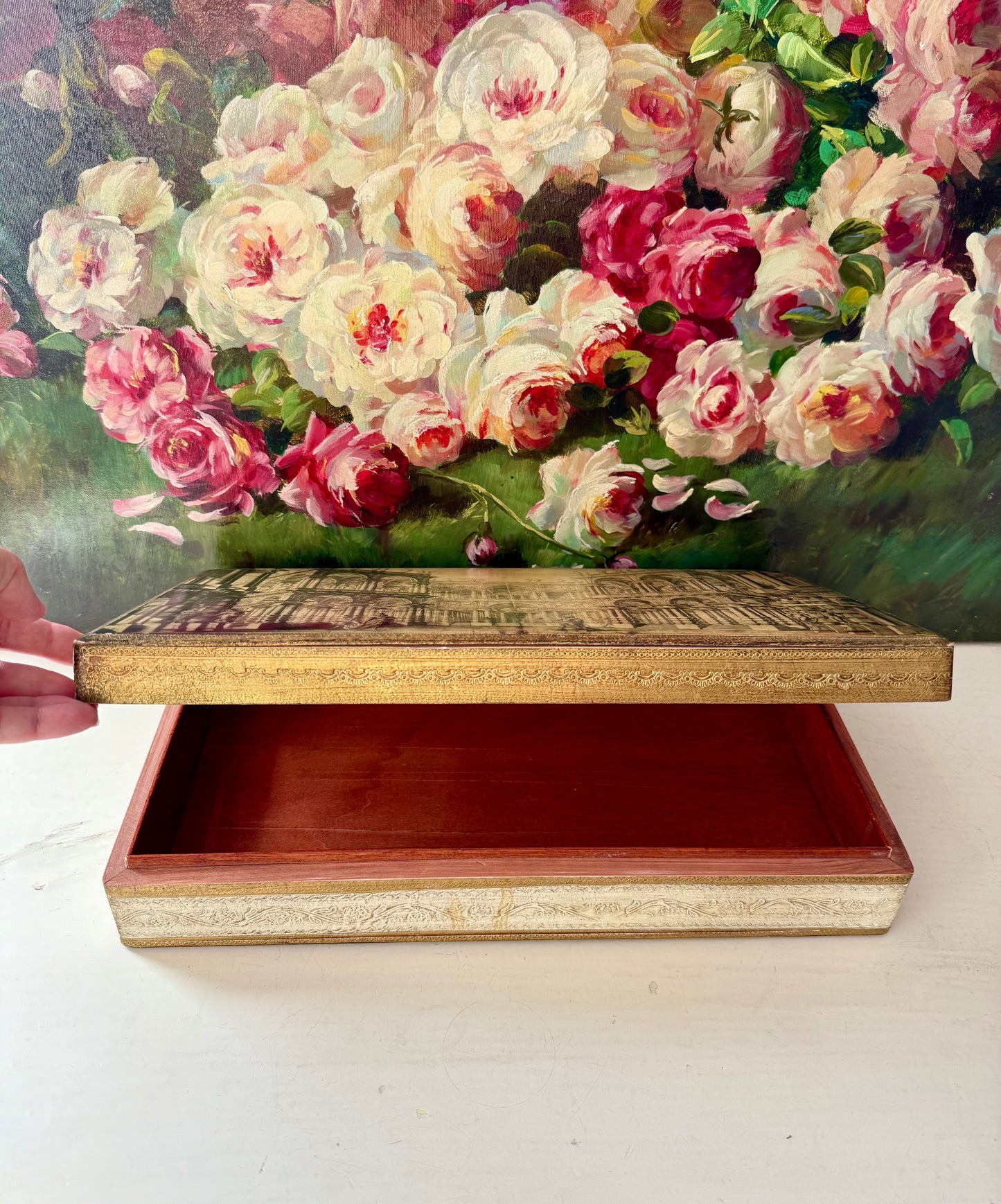 Fratelli Alinari Architectural Gold gilded Large Vintage Wooden Florentine Jewelry Box, Made in Italy