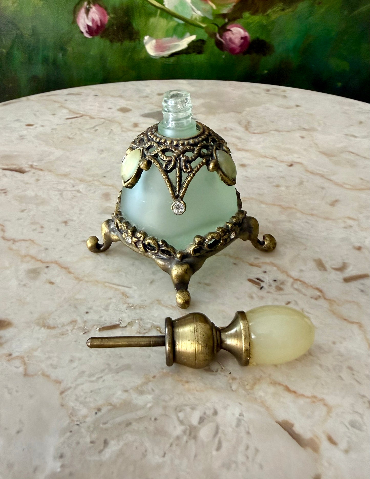 Vintage Frosted Green Glass Perfume Bottle Decorated with Rhinestones and Gemstones - Empty