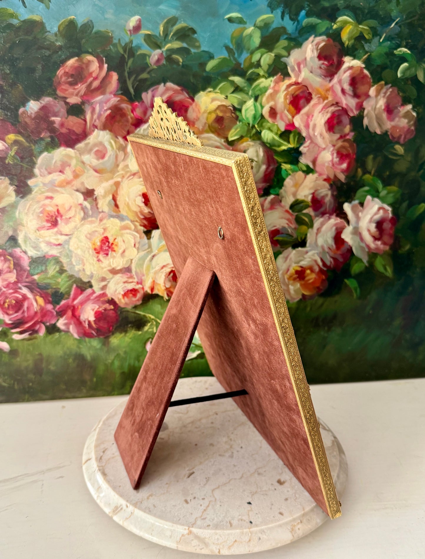 Antique/ Vintage French Victorian Style Gold-gilded Brass Framed Wall or Table Mirror with Flowers Decoration on the Frame